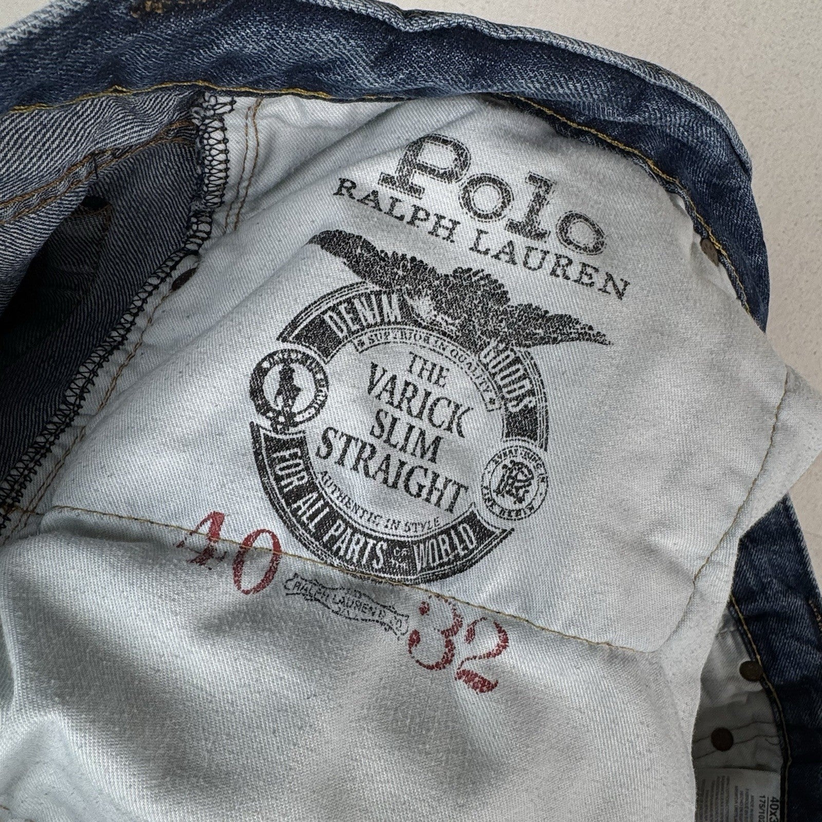 Polo Ralph Lauren Varick Jeans Mens 40x32 Blue Denim Slim Straight Leg Pants