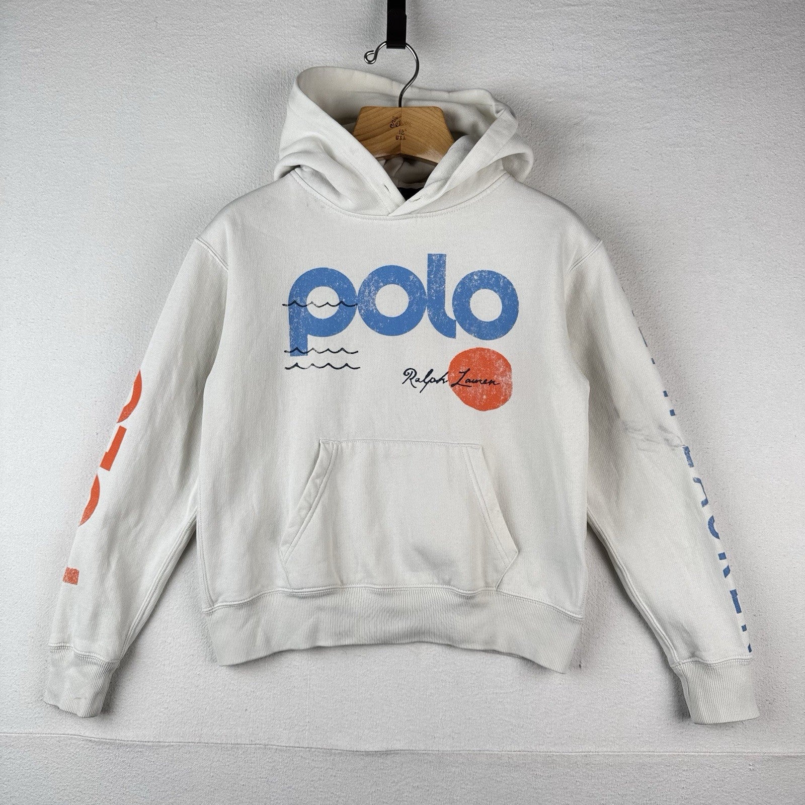 Polo Ralph Lauren Logo Wave Graphic Hoodie Women’s XS White Sun Surf *Read