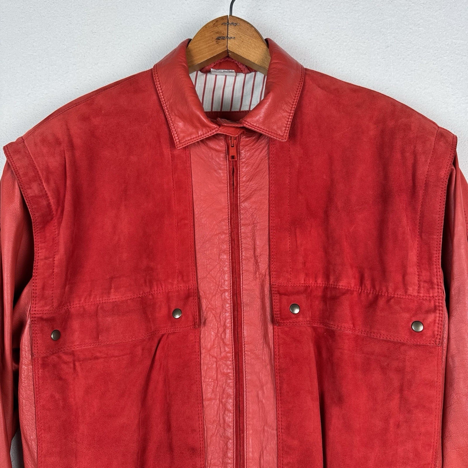 90’s Saks Fifth Avenue Suede Leather Bomber Jacket Red Zip Womens 12 Chest: 42”