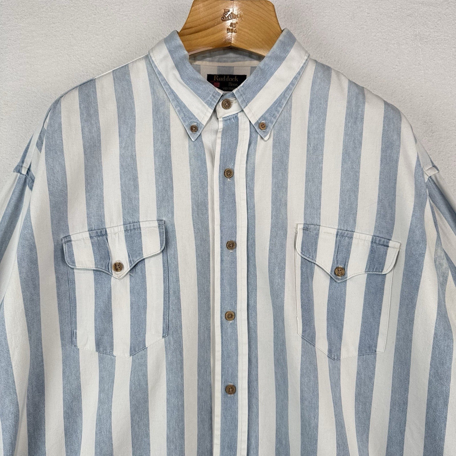 Vtg Ruddock Bros Western Denim Shirt Blue White Stripe Mens 2XL Made USA *Faded