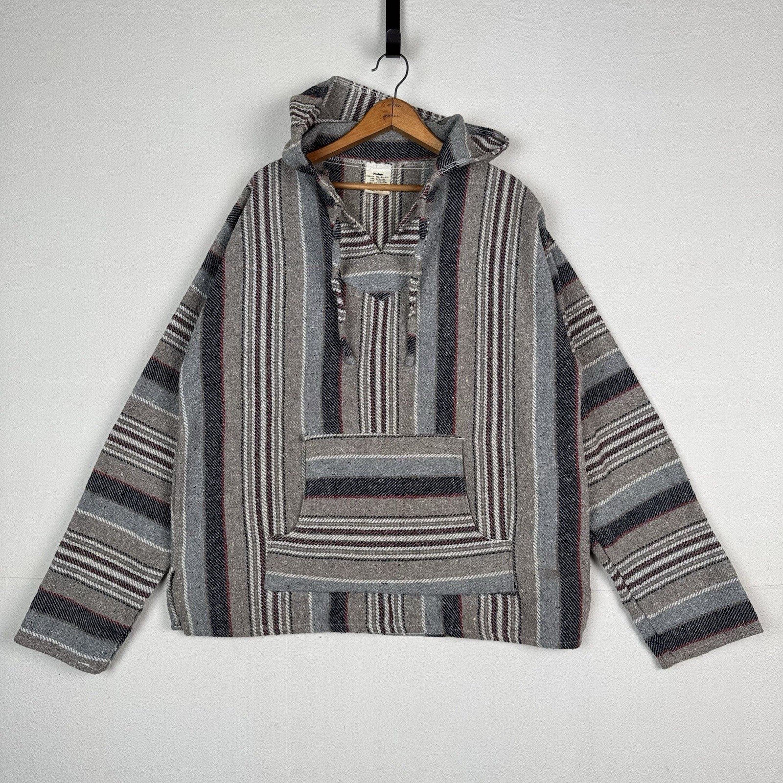 Vintage Baja Mexican Woven Blanket Hoodie Pullover Jacket Blue Gray Red XL Boho