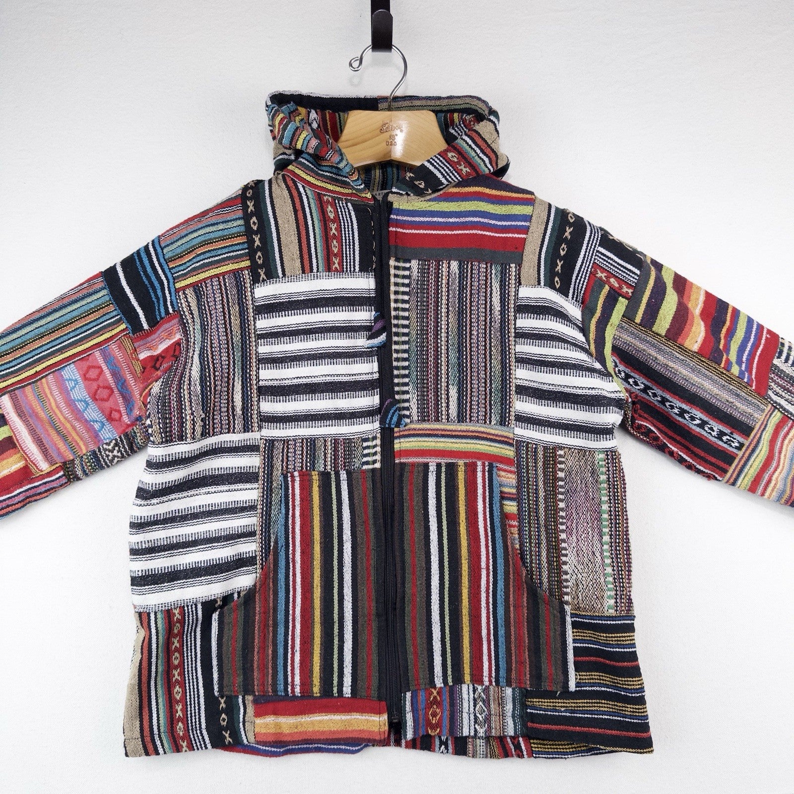 Vintage Patchwork Rug Baja Hoodie Full Zip Jacket Small Boho Festival