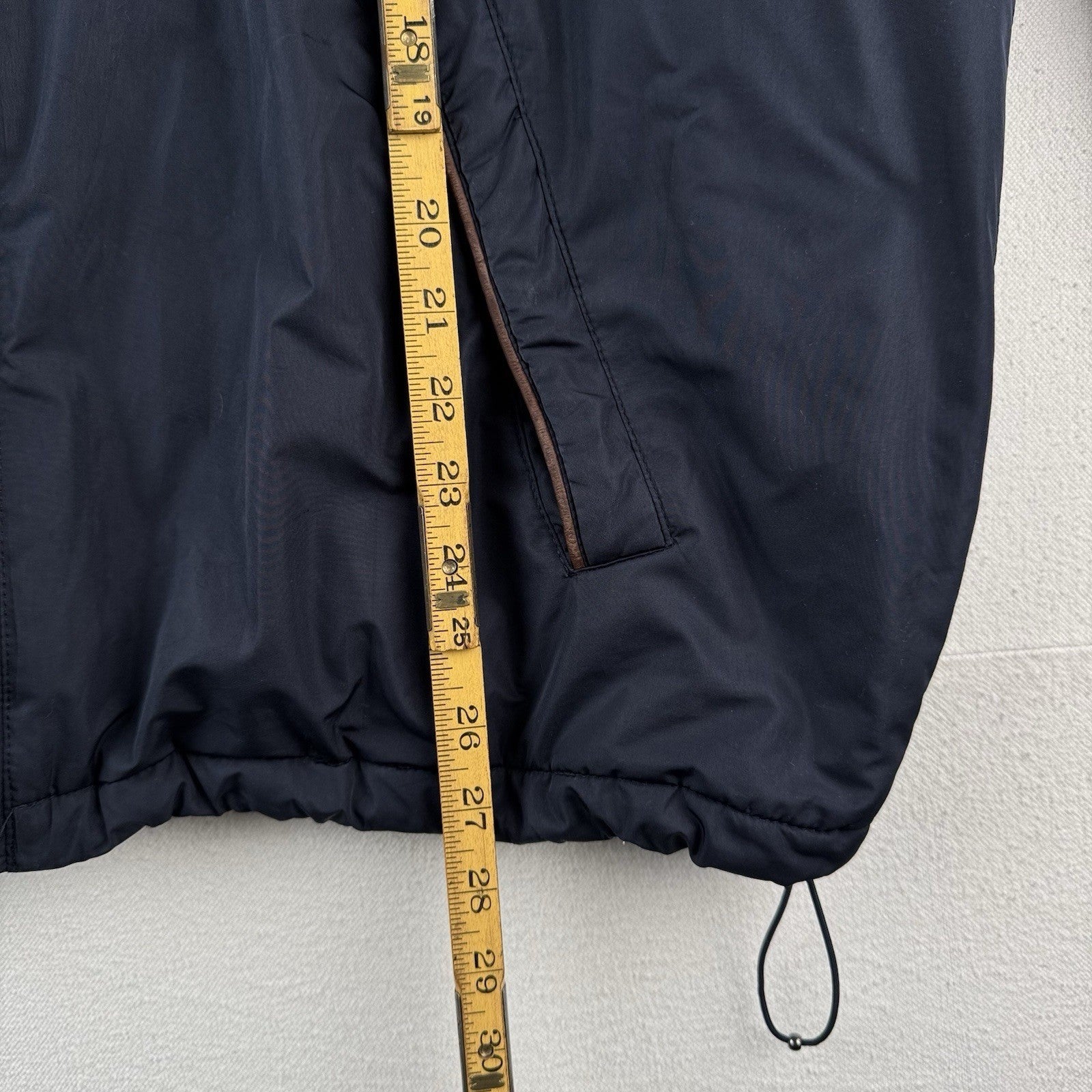 90's Vtg Polo Ralph Lauren Jacket Men XL Navy Leather Trim Lined Stowaway Hood