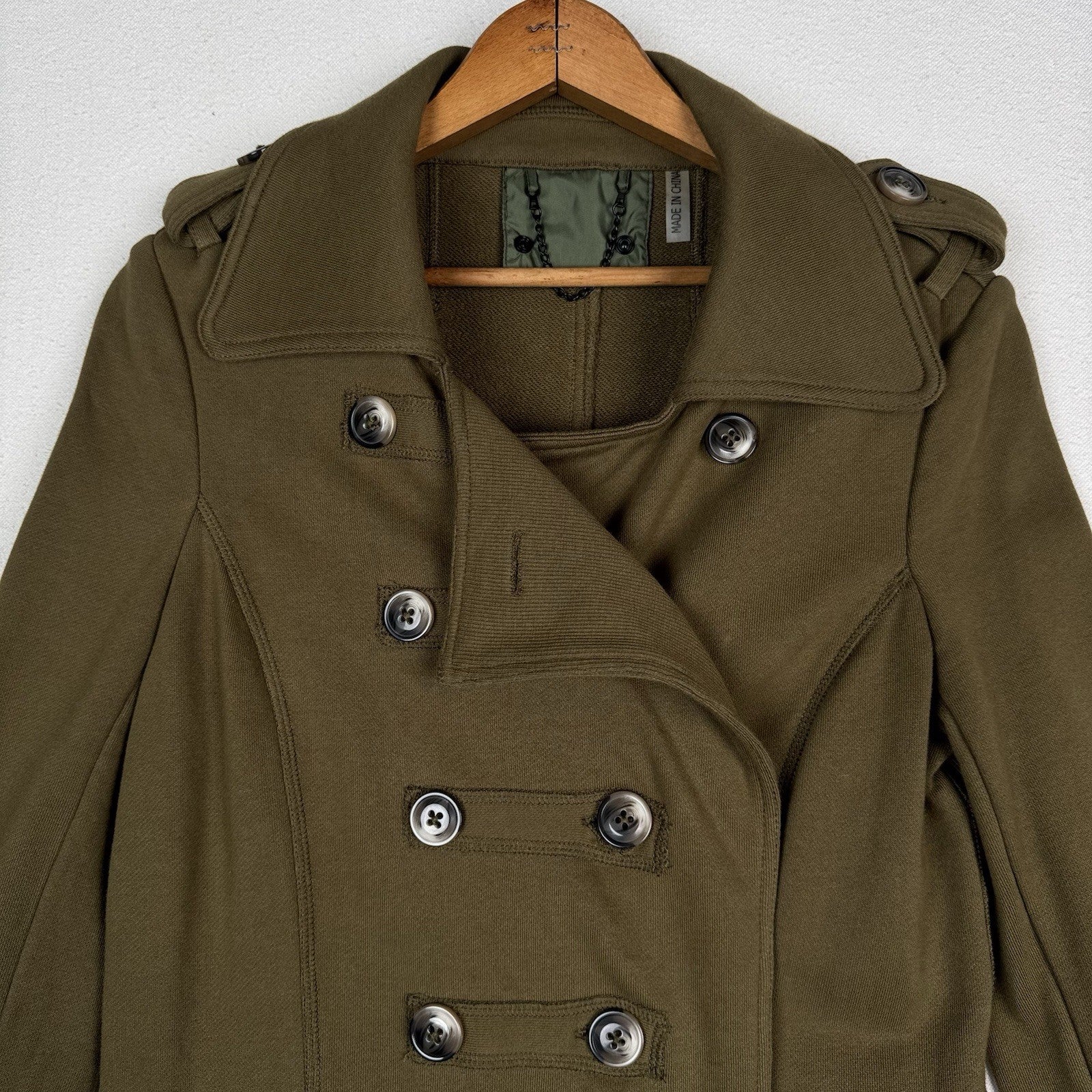 Military Style Double Breasted Knit Green Brown Long Trench Jacket Women’s Small