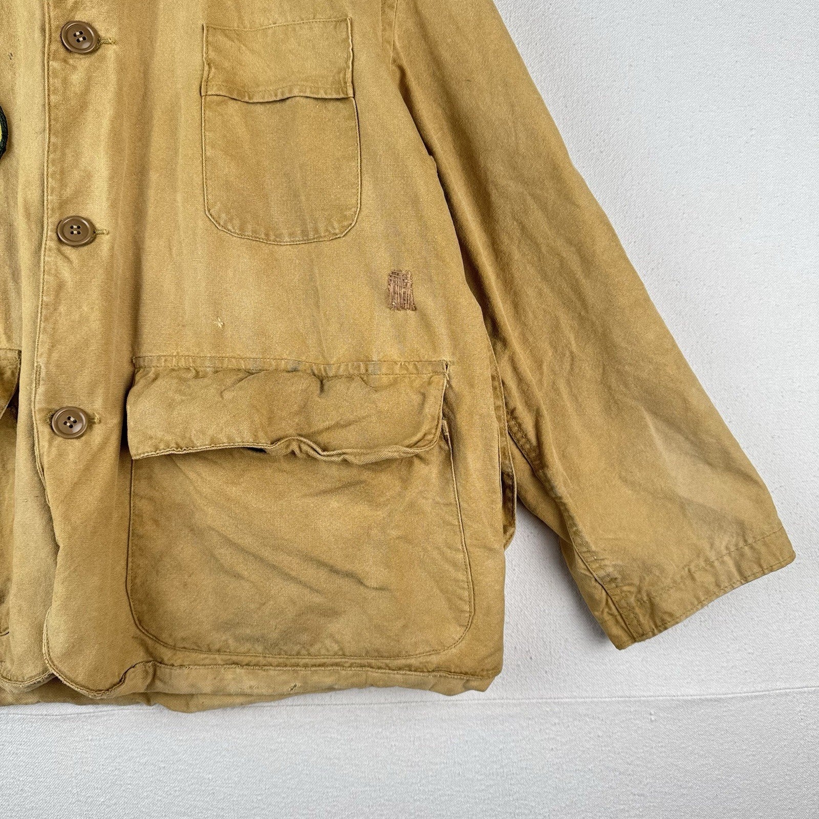 40s 50’s Vtg Hetterick Mfg Co Hunting Jacket Chore Coat Patches 46” USA *Read