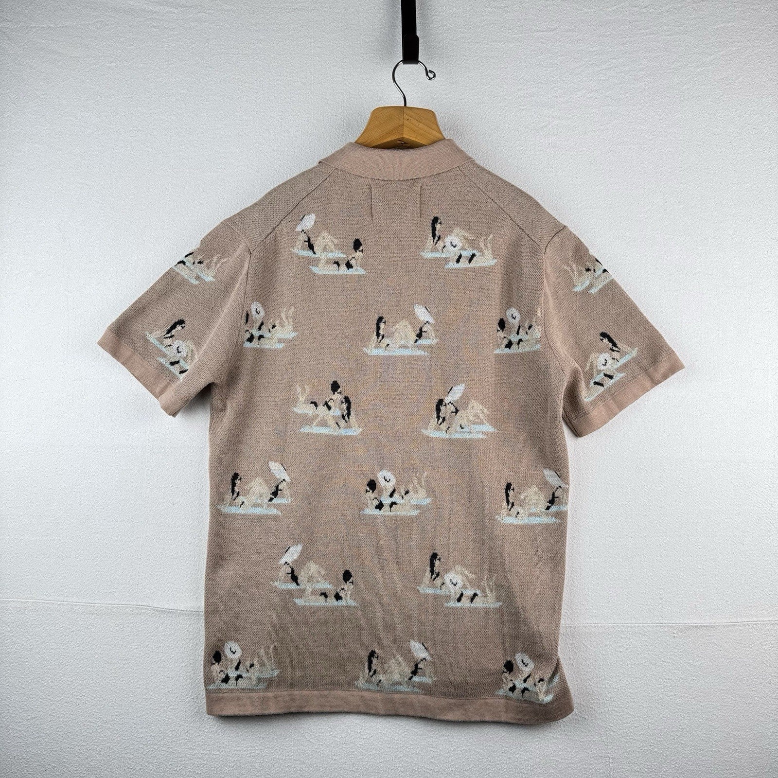 Free Planet “Lost In Paradise” Knit Polo Vintage Beach Resort Scene Mens XL Pink