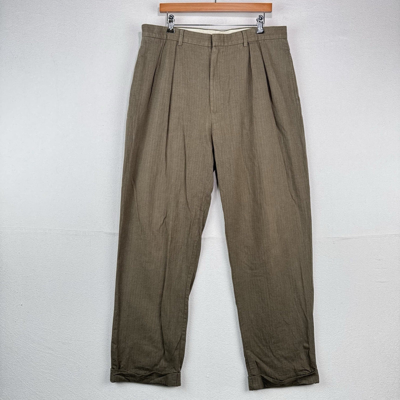 Vtg Polo Ralph Lauren Fits 36x32 Tan Herringbone Pleated Cuffed Dress Pants