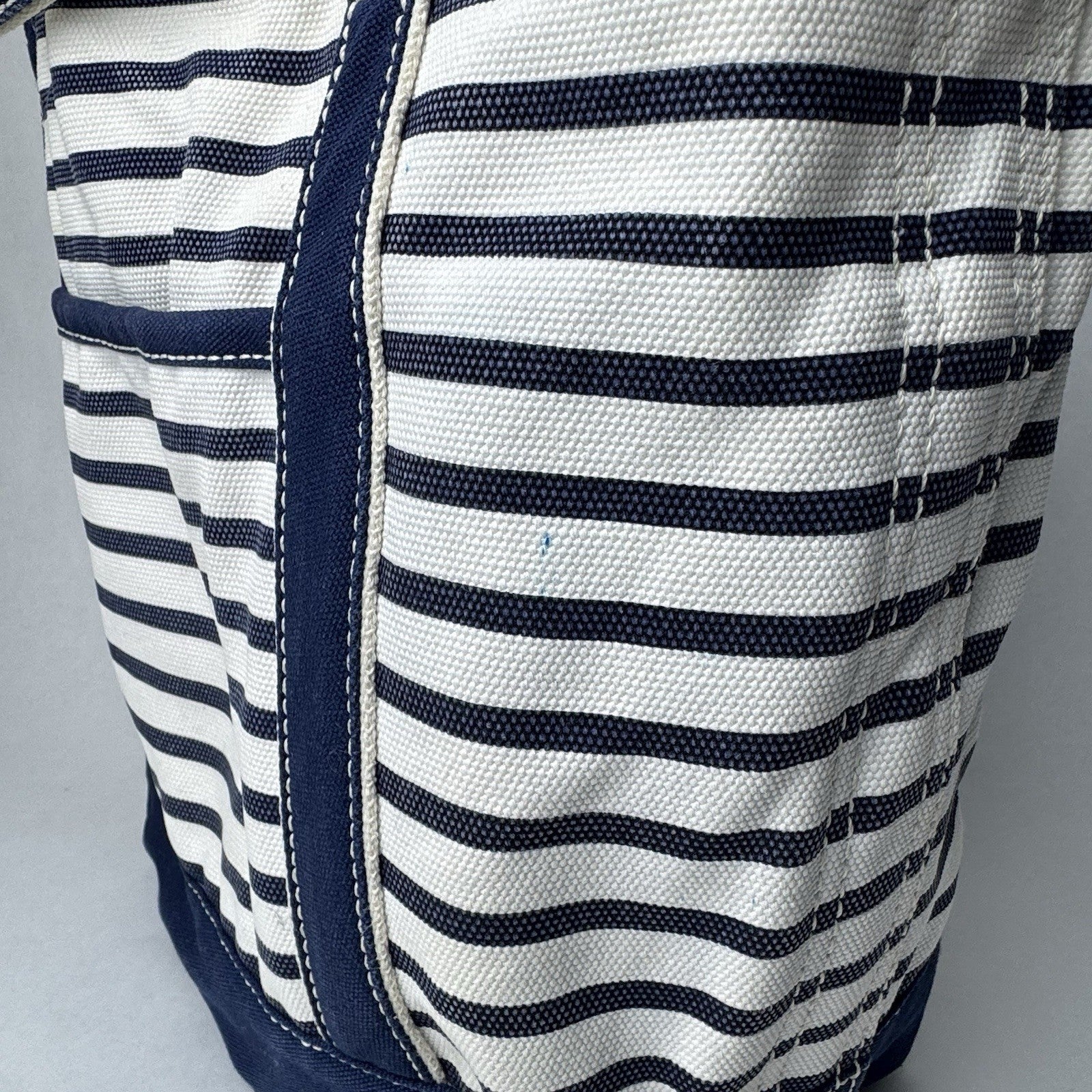 Lands’ End Canvas Large Blue and Natural Tan Striped Tote Beach Bag 15”x7”x12”