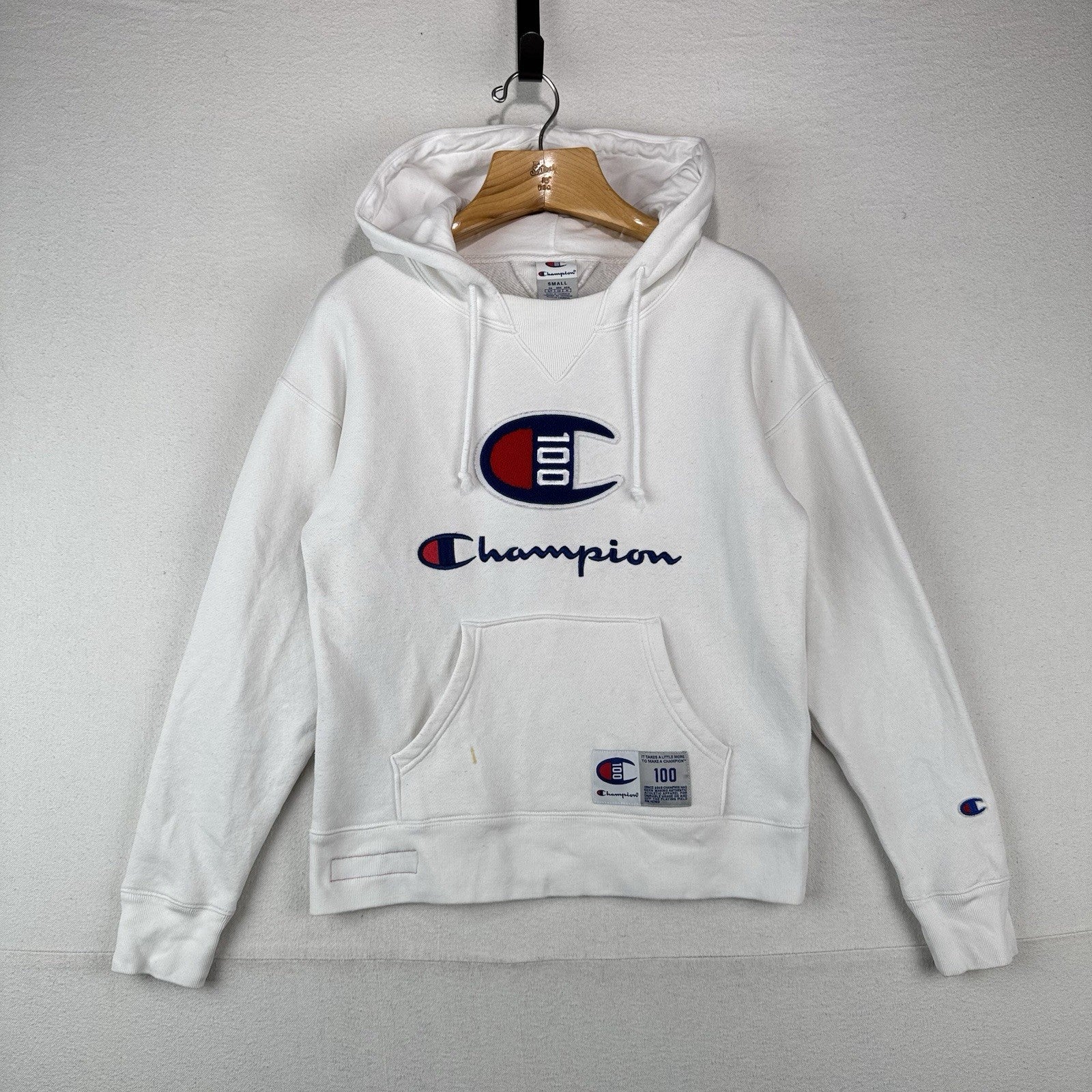 Champion White Century Collection C100 Chenille Logo Hoodie Men’s Small *Read