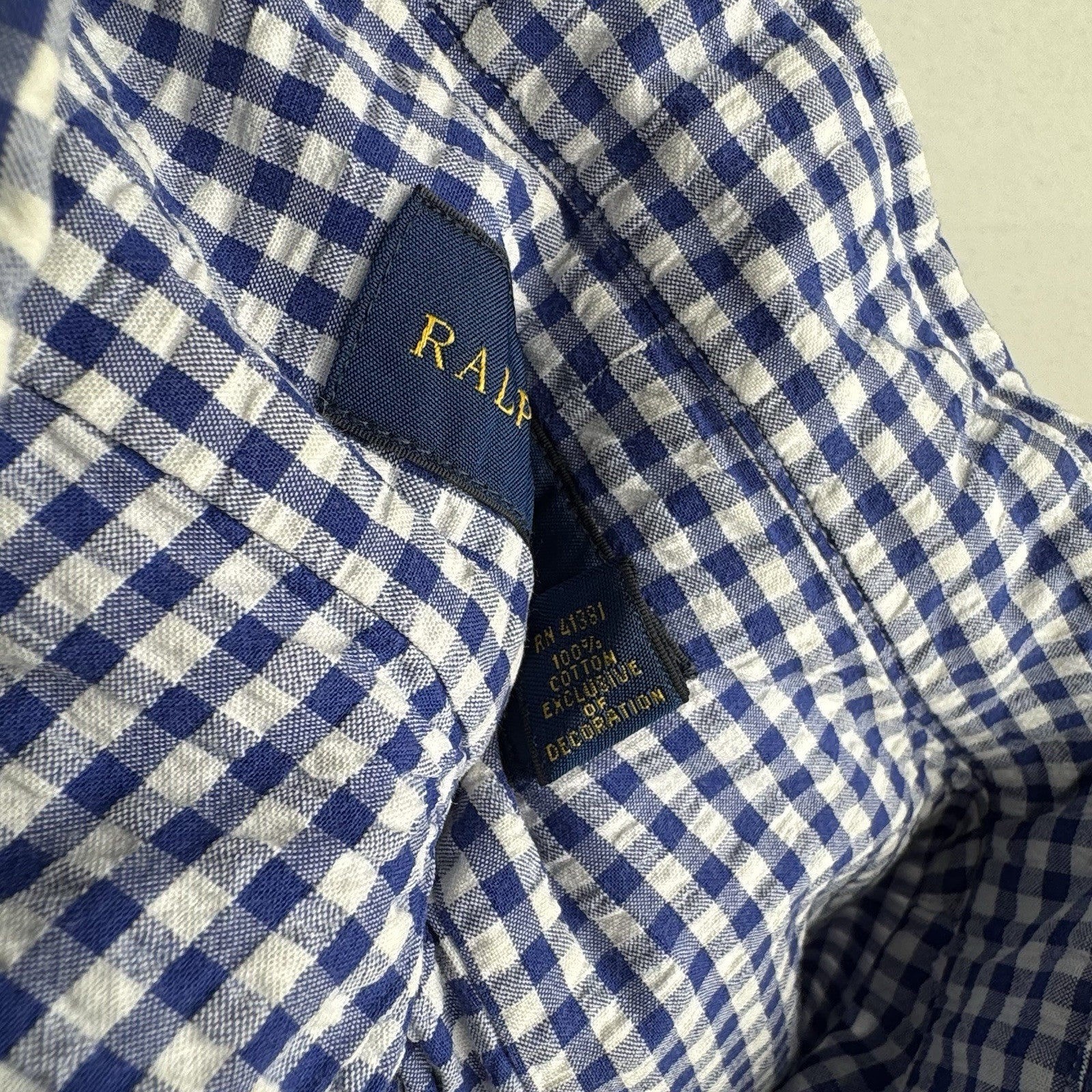 Polo Ralph Lauren Blue Gingham Seersucker S/S Shirt Men’s L Oxford Button Down