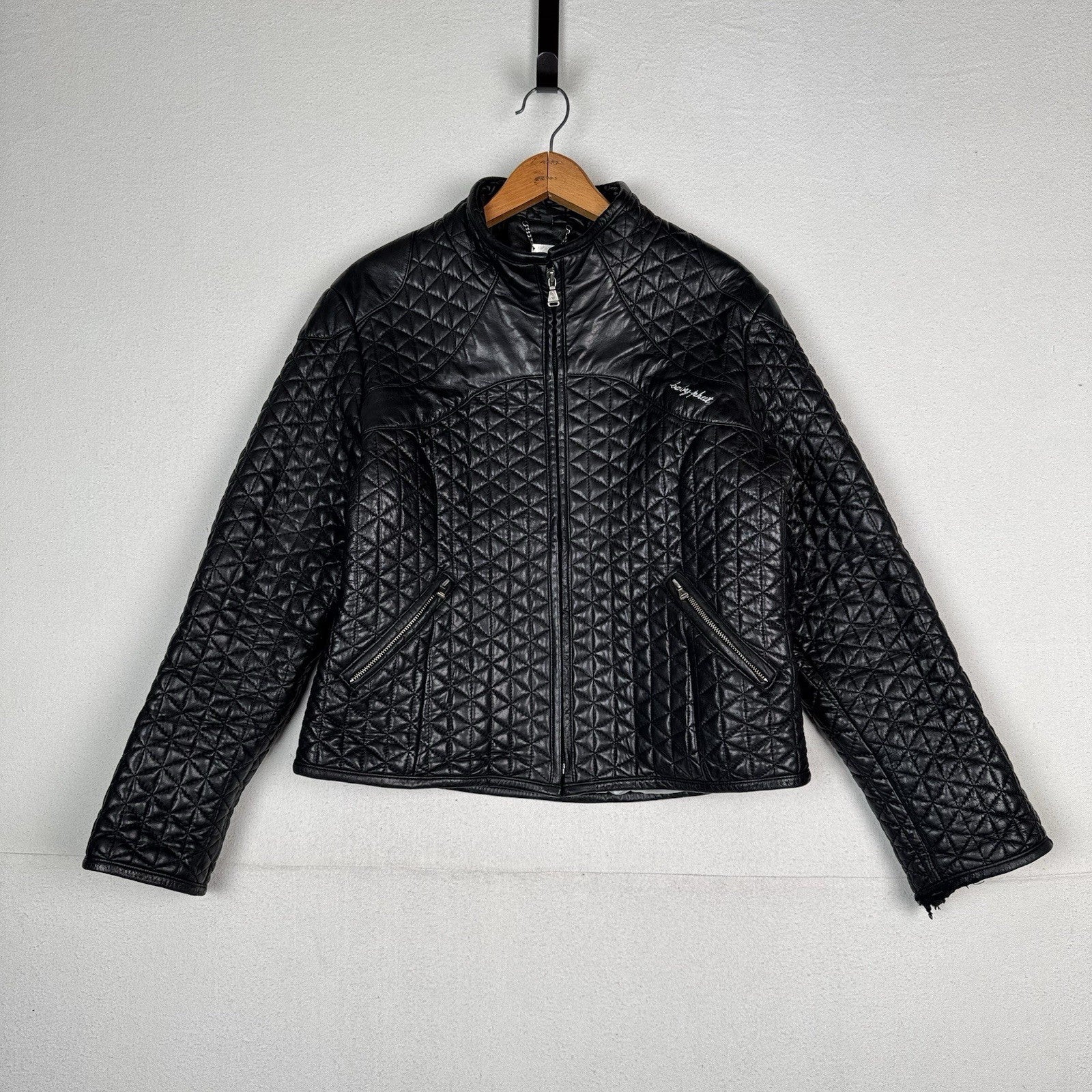 Baby Phat Vintage Genuine Leather Zip Black Quilted Biker Jacket Size XL *Read