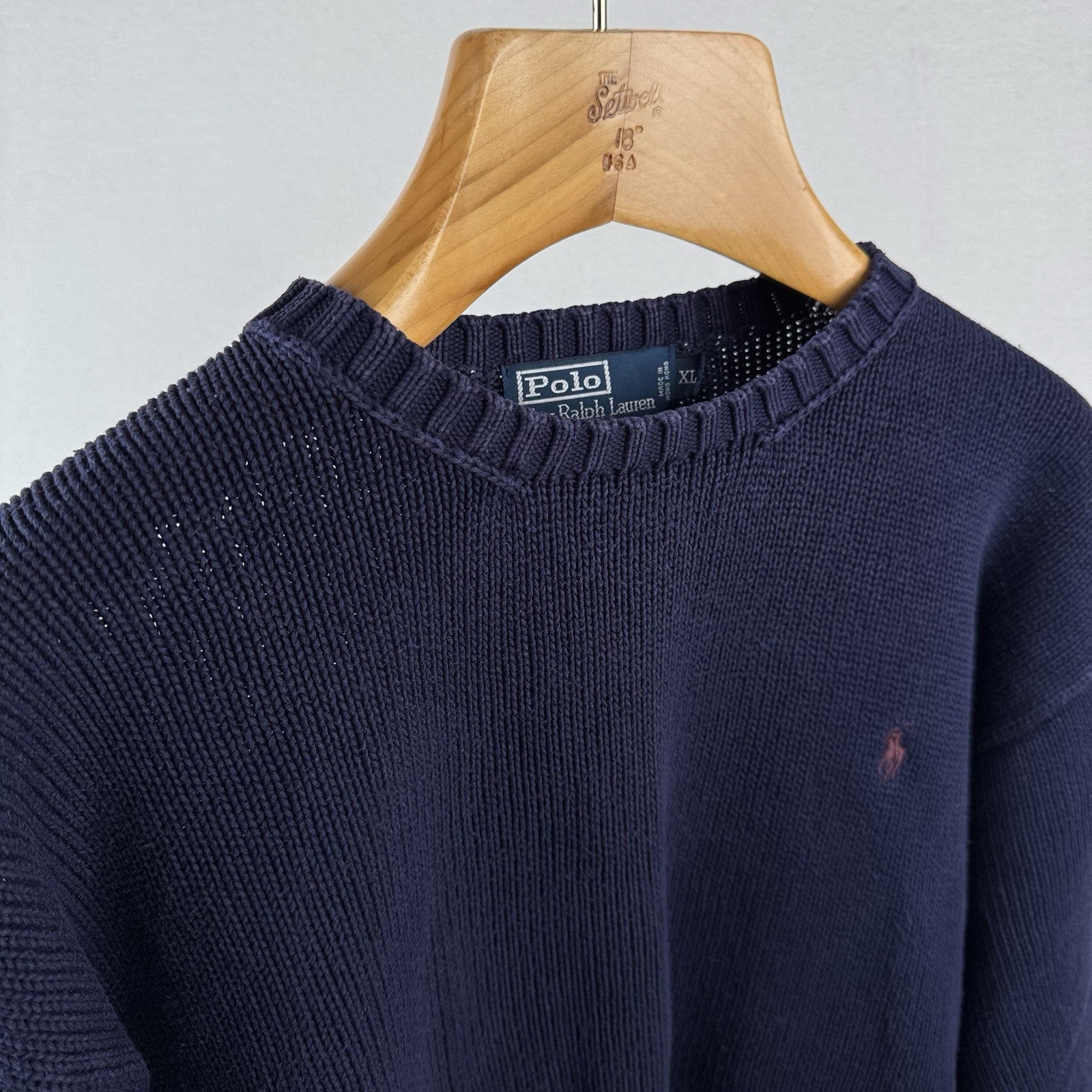 90's Vintage Polo Ralph Lauren Sweater Men's XL Navy Blue Knit Crewneck Red Pony