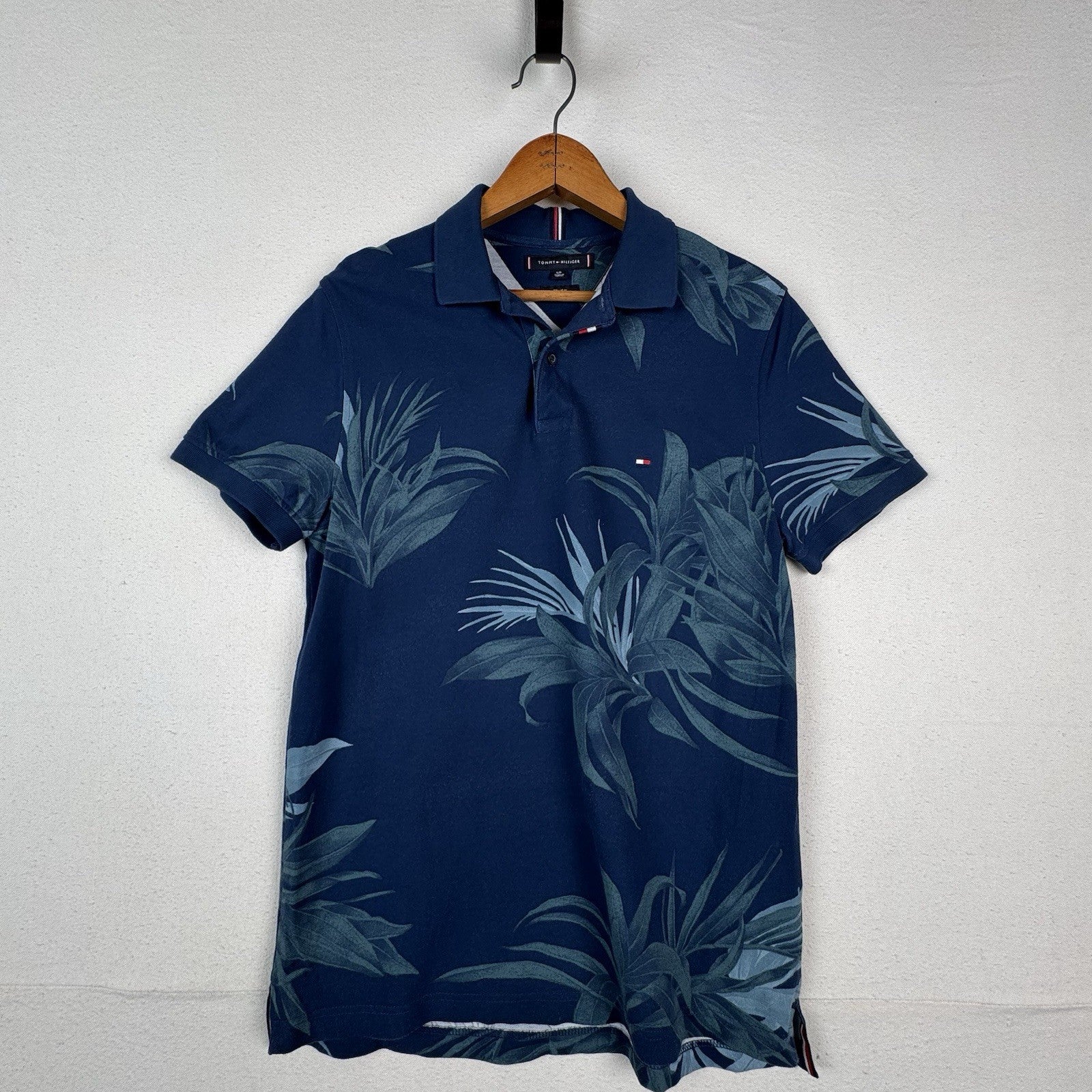 Tommy Hilfiger Shirt Mens Small Blue Green Tropical Leaf Print Regular Fit Polo