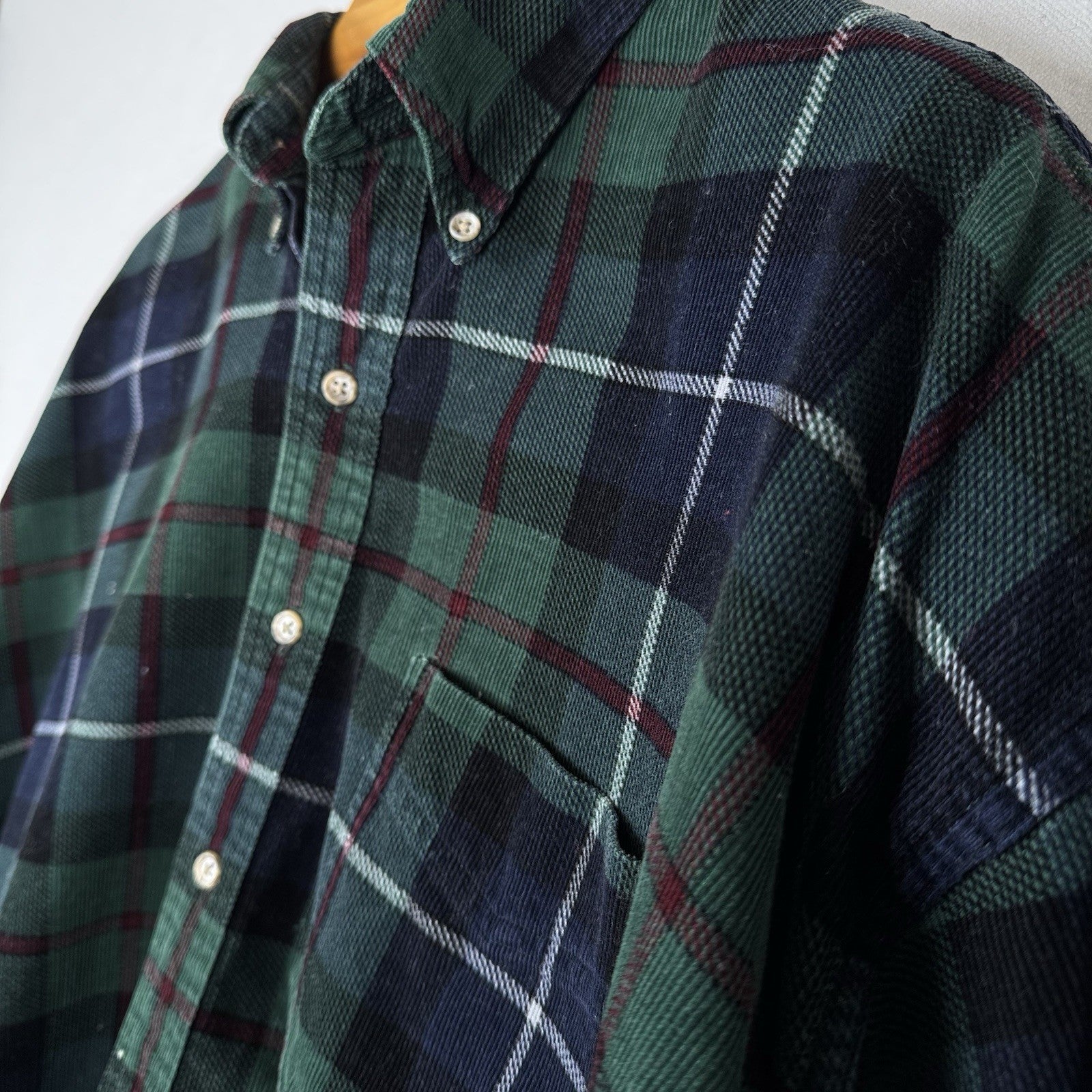 LL Bean Corduroy Blue Green Plaid Men’s 2XL Work Chore Shirt *Lightly Distressed