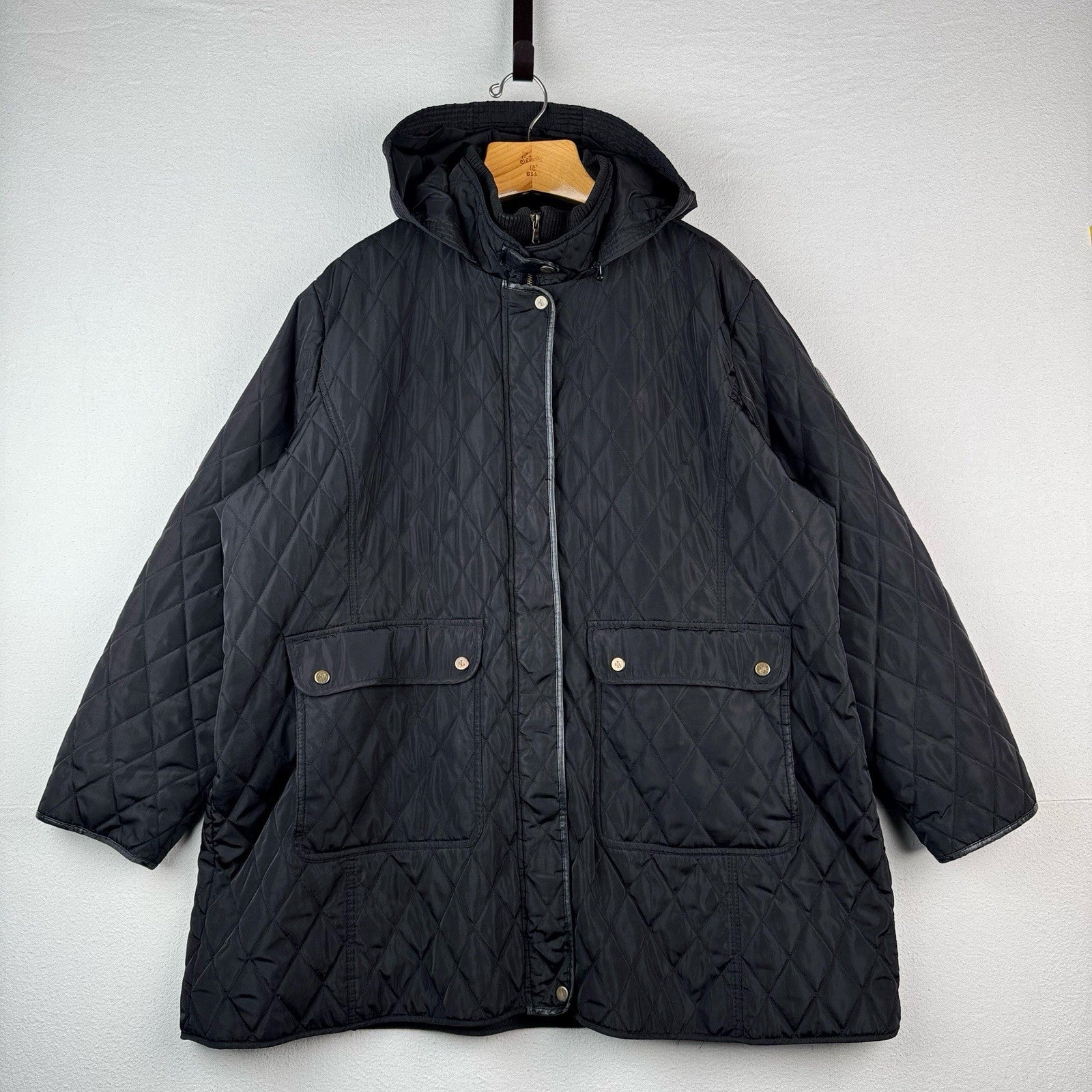 Lauren Ralph Lauren Diamond Quilted Women's 2X Black Hooded Jacket Elbow Patches