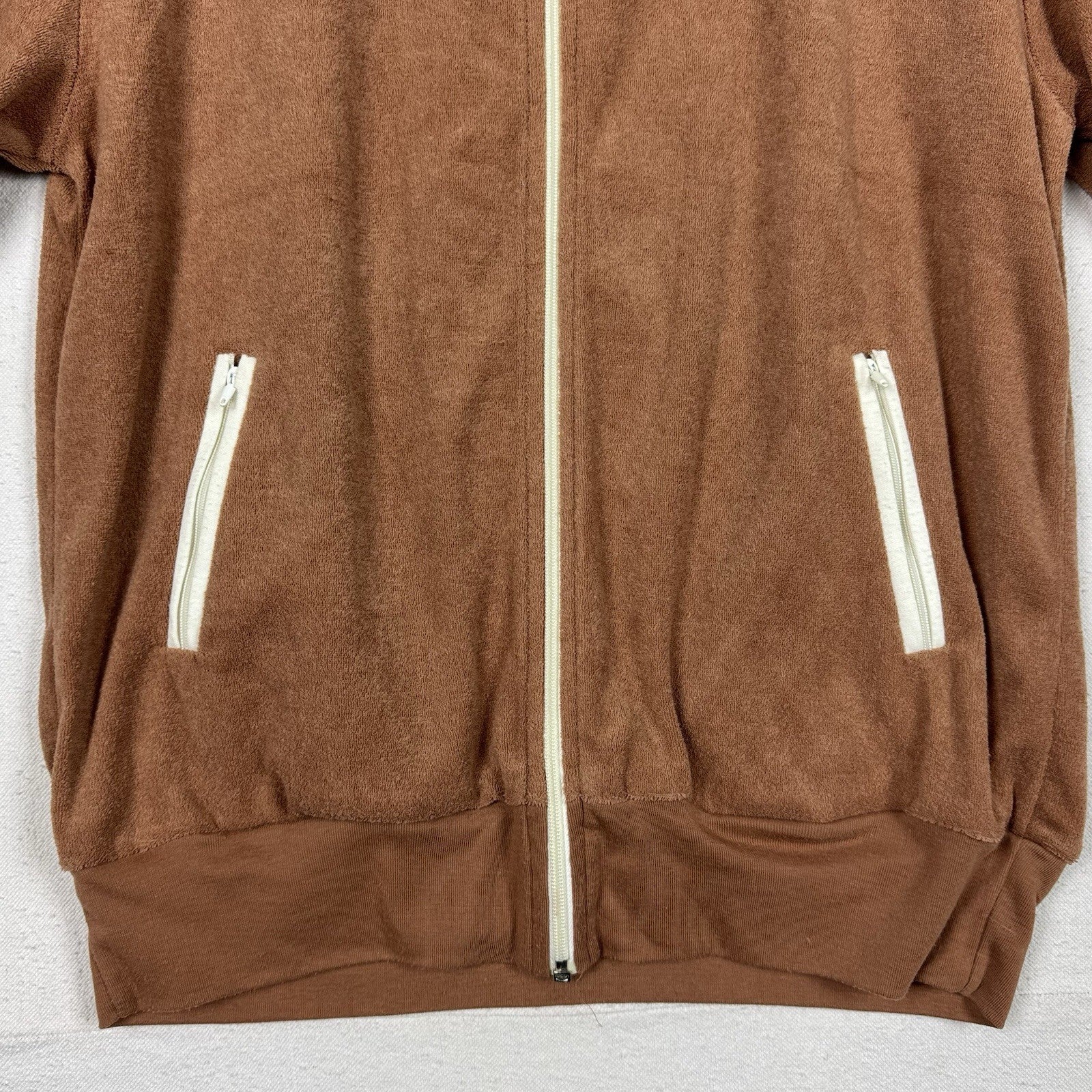 Vintage 80's Men's M Beach Pool Swim Cabana Tennis Shirt Tan Terry Cloth Zip Up