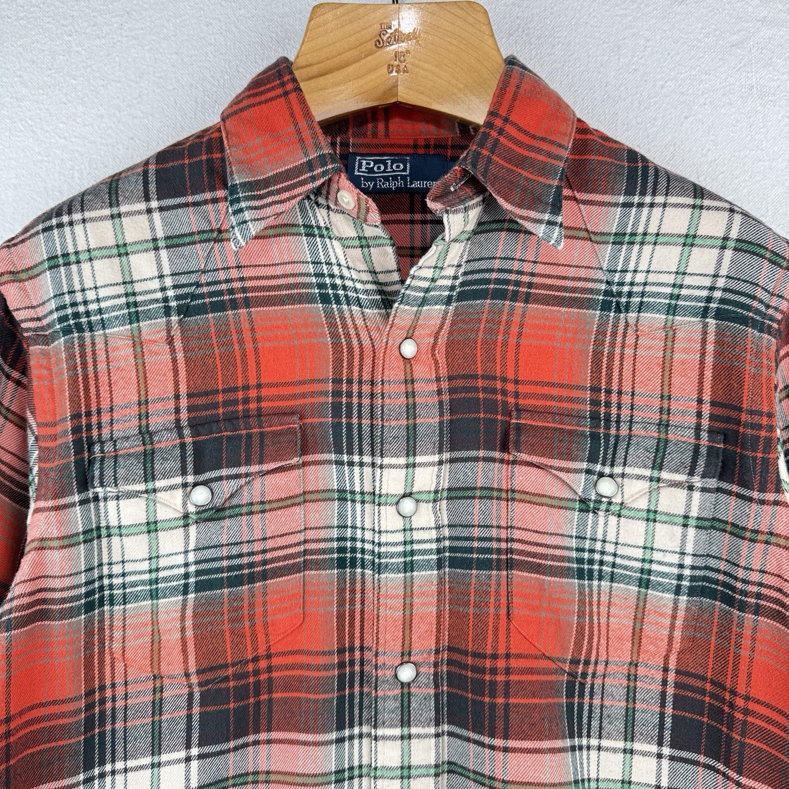 Vtg Polo Ralph Lauren Western Pearl Snap Mens S Brushed Flannel Shirt Plaid