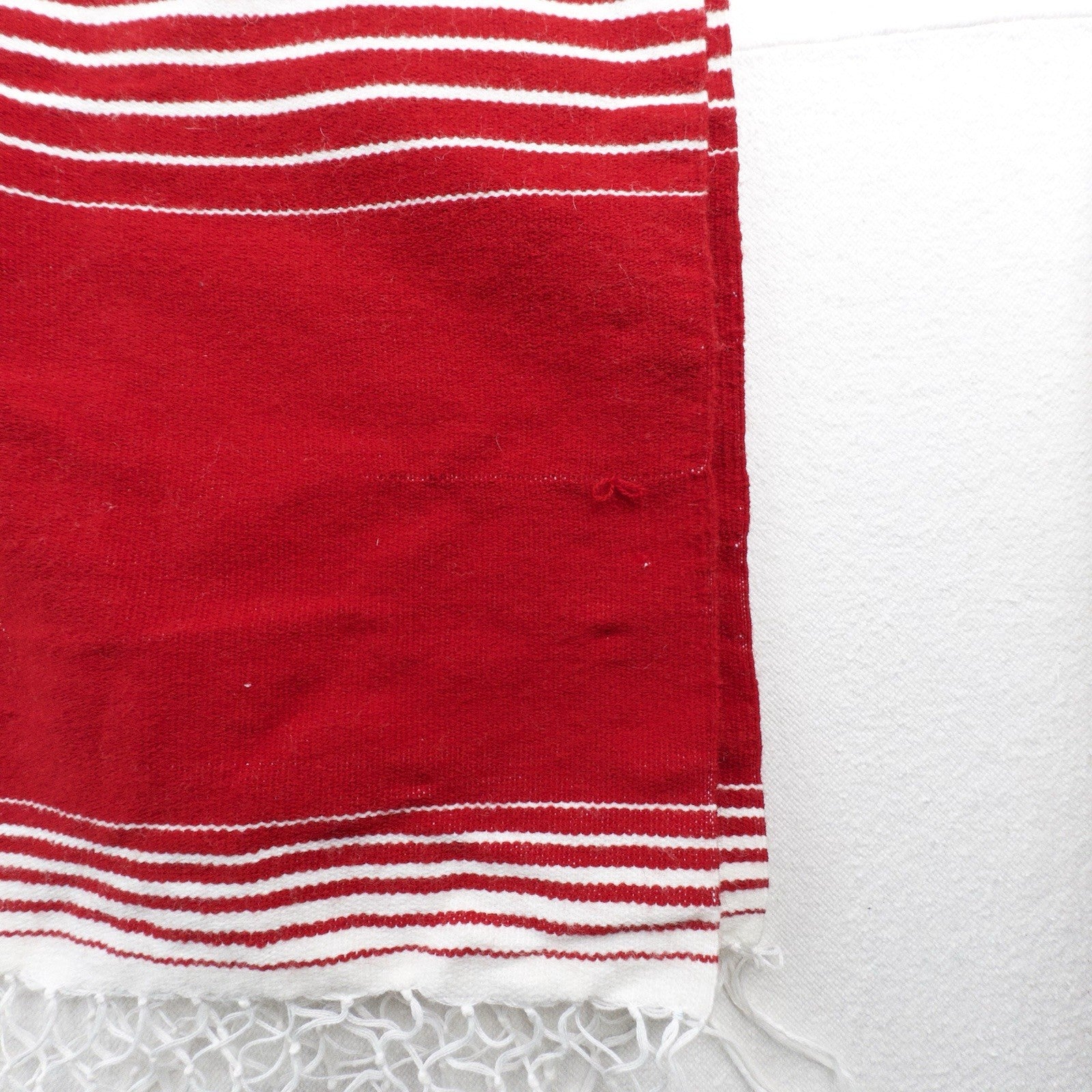 Vtg Mexican Handwoven Fringed Over The Head Poncho Wool Blend Boho Red White