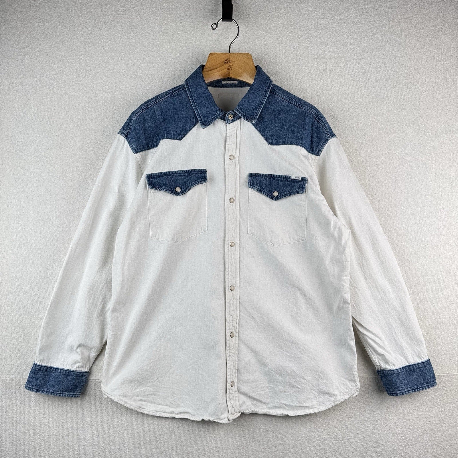 Mother Denim Tycoon TwoTone Western Shirt White Denim Pearl Snap Large USA *Read