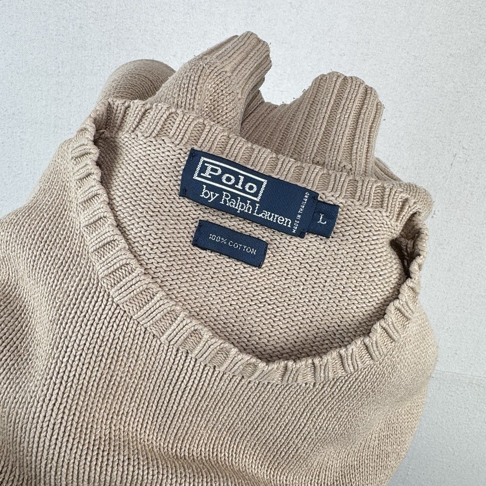 90’s Vintage Polo Ralph Lauren Men’s L Tan Camel Brown Knit Sweater 100% Cotton