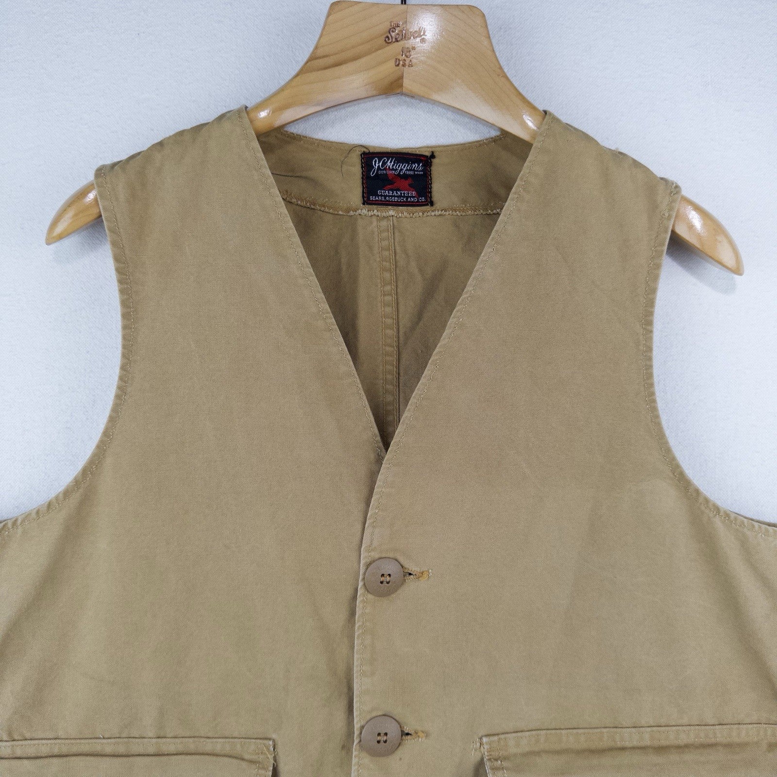 50's Vtg JC Higgins Hunting Shooting Vest Mens L (44) Canvas Khaki Tan Sportsman