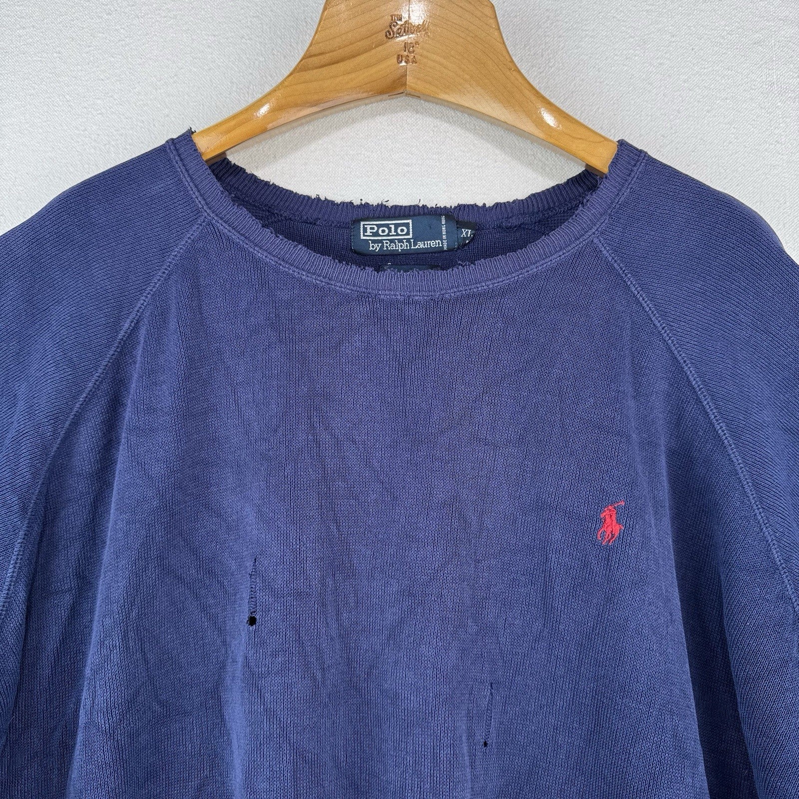 90’s Vtg Polo Ralph Lauren Raglan Short Sleeve Sweatshirt Blue XL *Distressed