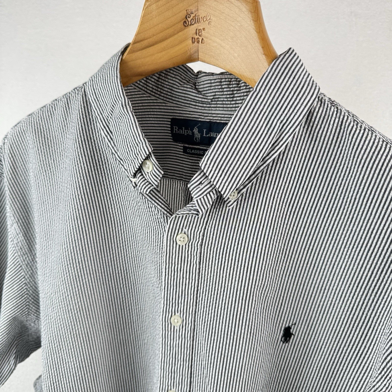 Vtg Ralph Lauren Seersucker Men’s 2XL Classic Fit SS Button Shirt Gray White