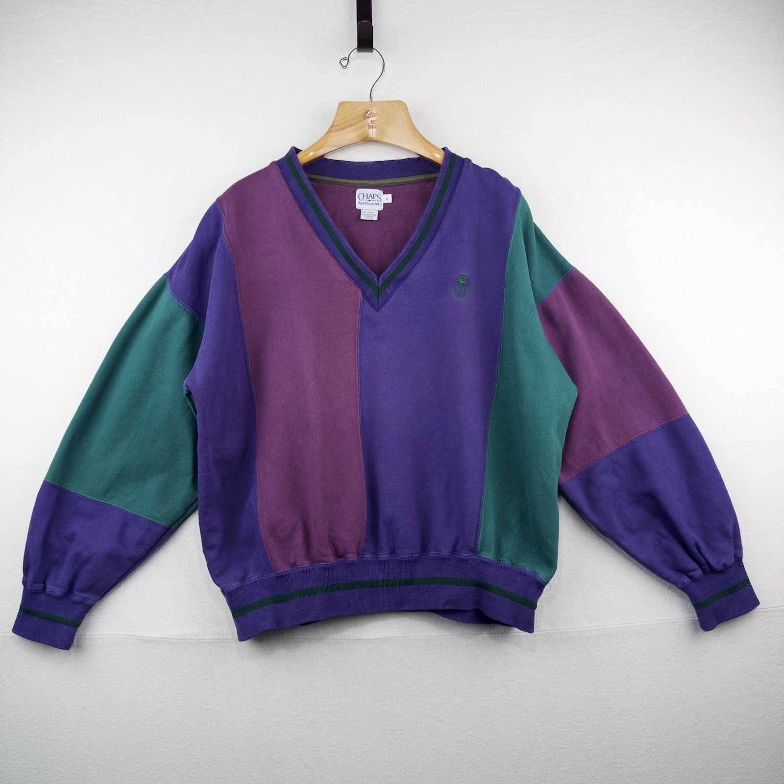 90’s Vtg Chaps Ralph Lauren Men’s L Color Block V-Neck Sweatshirt Sweater