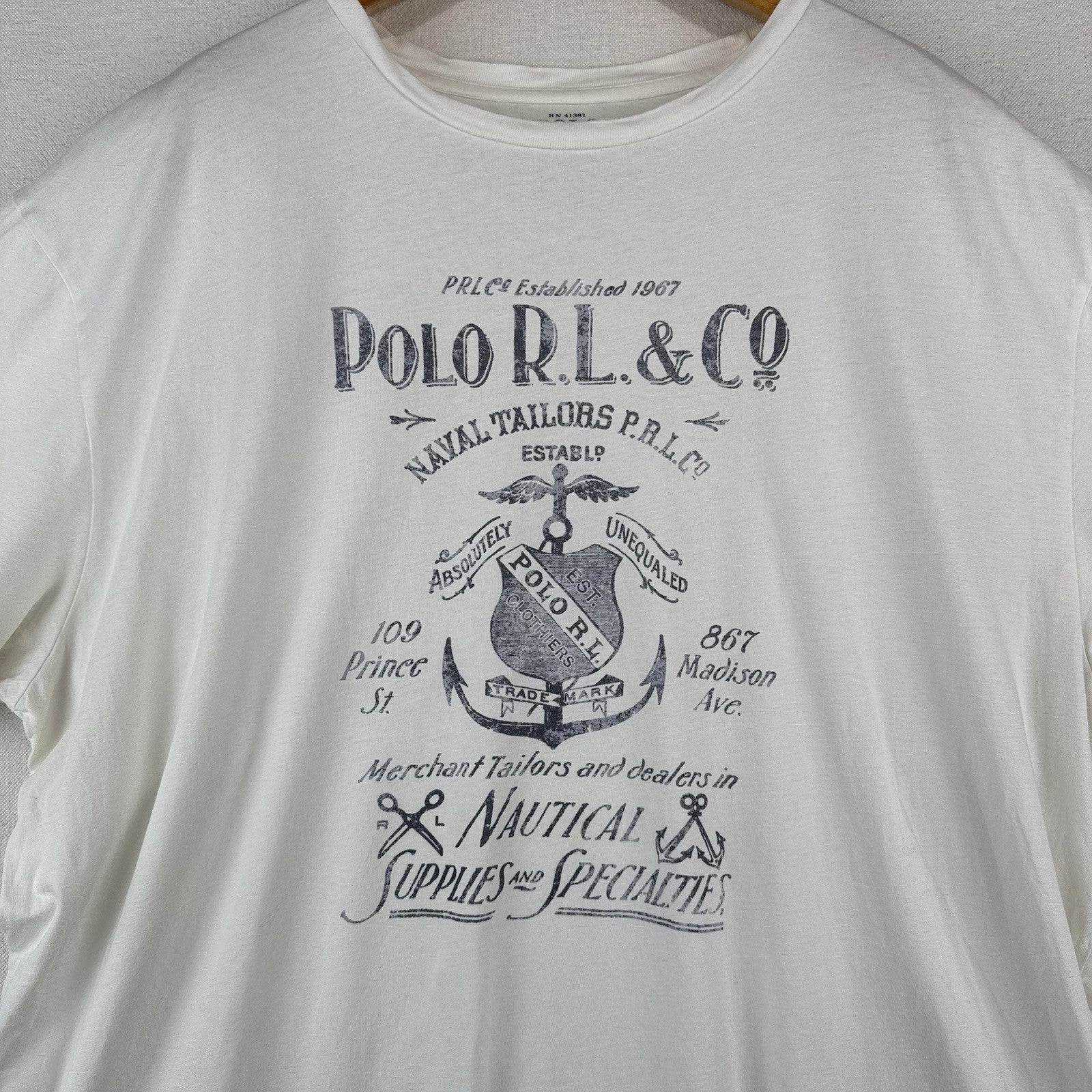 Vtg Polo Ralph Lauren Naval Tailors T-shirt Mens 2XL White Prince St Madison Ave