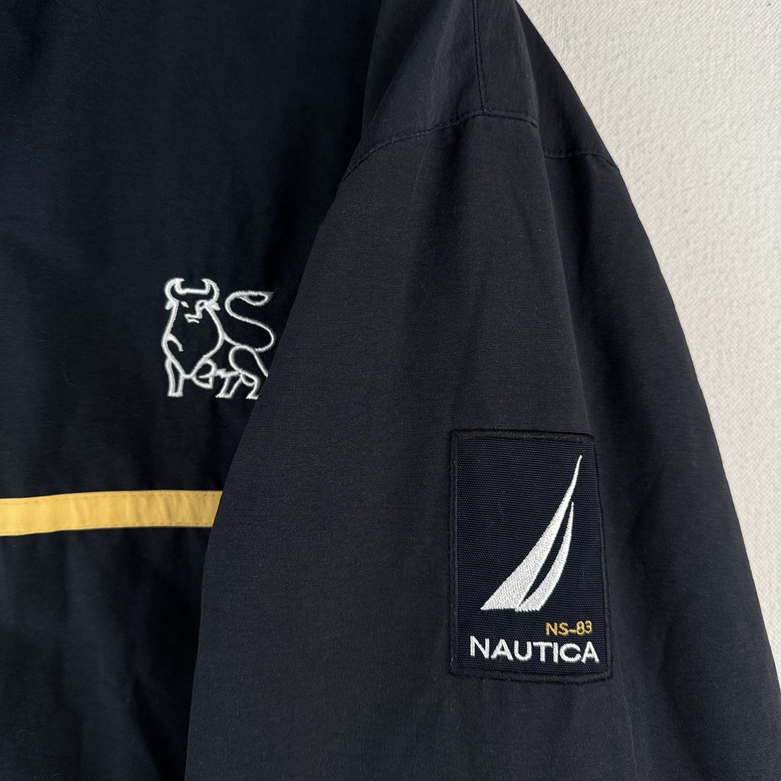 90’s Vtg Nautica NS-83 Windbreaker Hideaway Hood Jacket Mens L Merrill Lynch