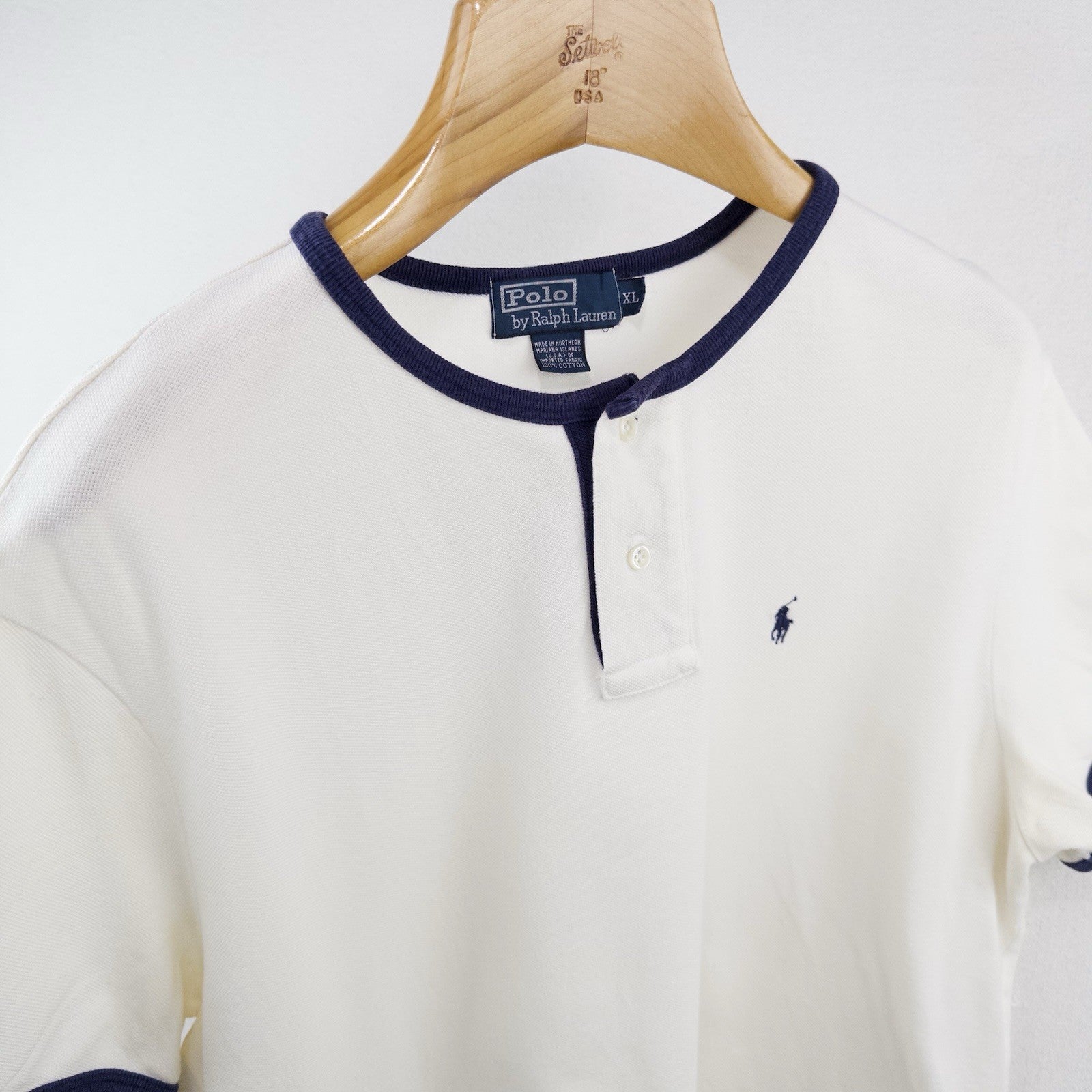 90’s Vtg Polo Ralph Lauren Henley Shirt Mens XL White Navy Ringer Cotton Pique