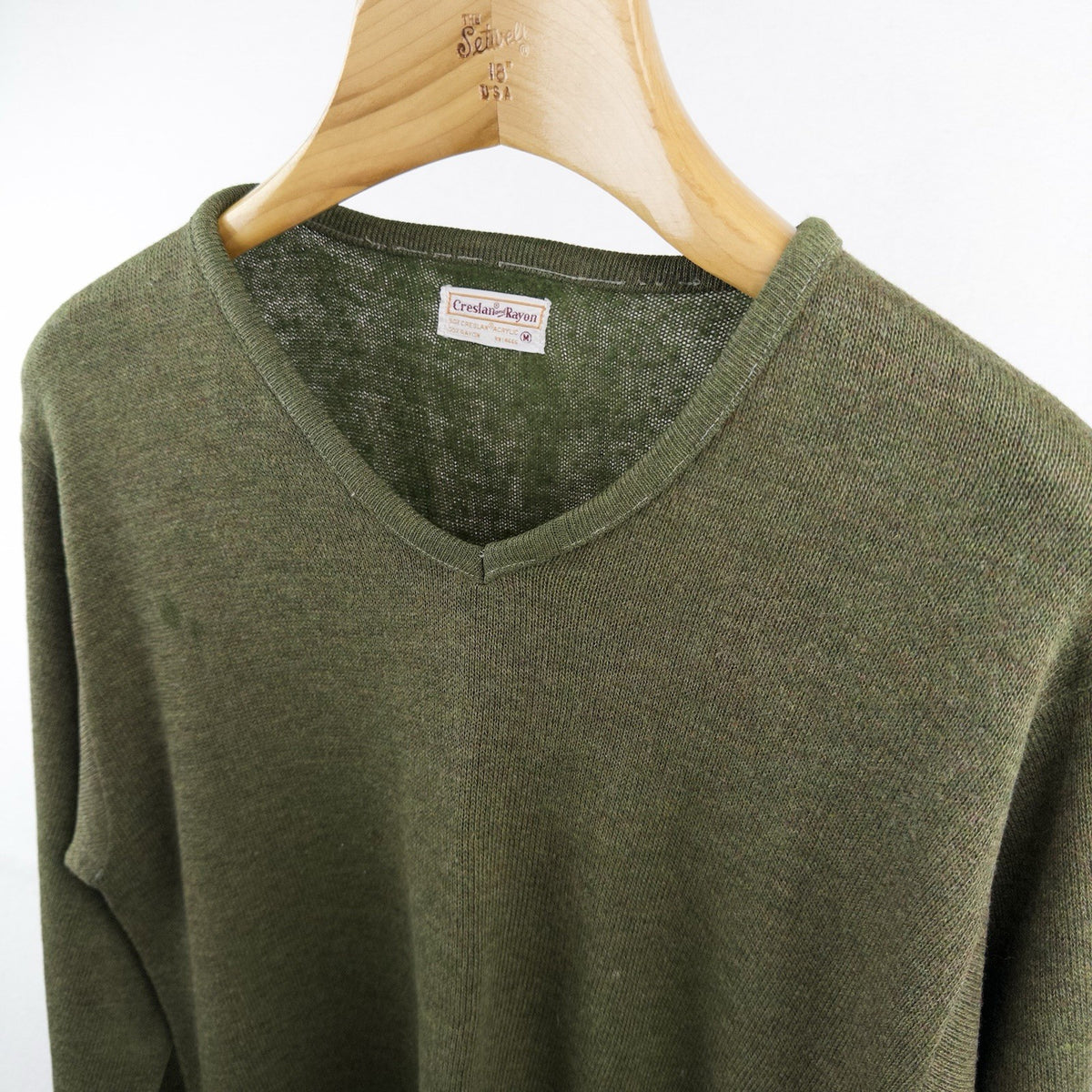 60’s Vtg Creslan & Rayon V-Neck Sweater Men’s M Grunge Kurt Cobain Olive