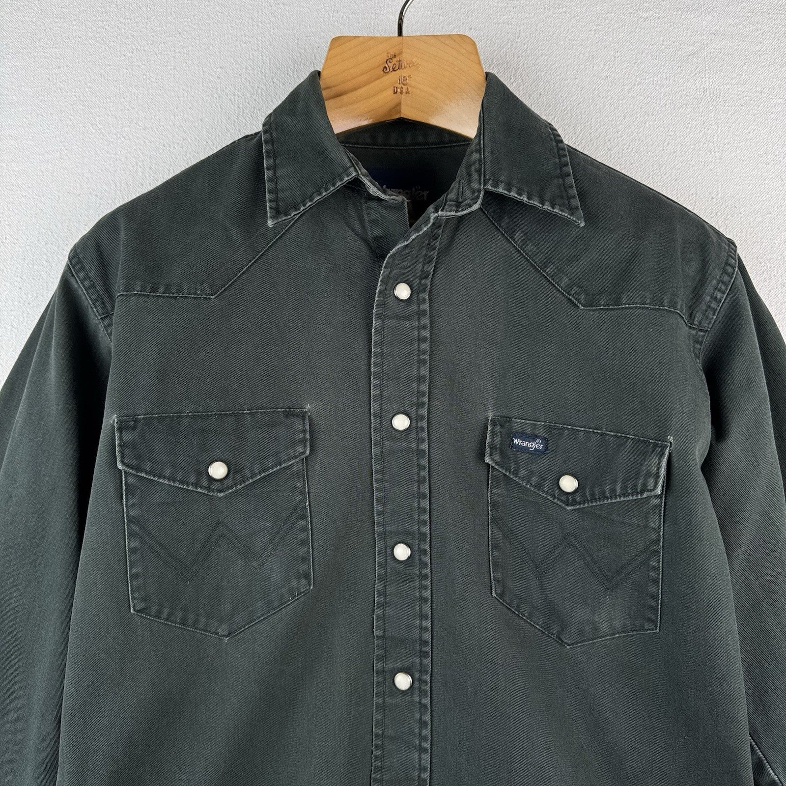 Vintage Wrangler Western Thick Twill Dark Green Pearl Snap Shirt Mens M