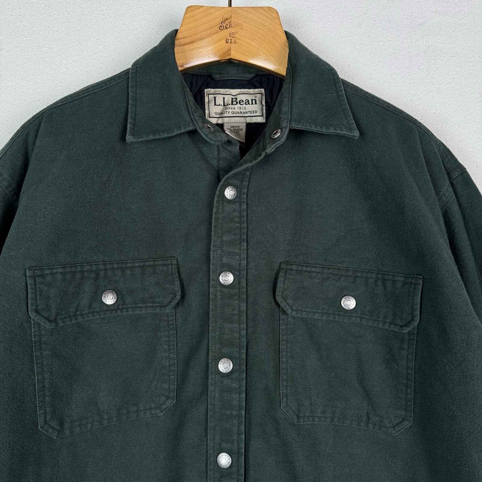 L.L. Bean Ultra Insulated Green Snap Shirt Jacket Men's Large 100% Cotton