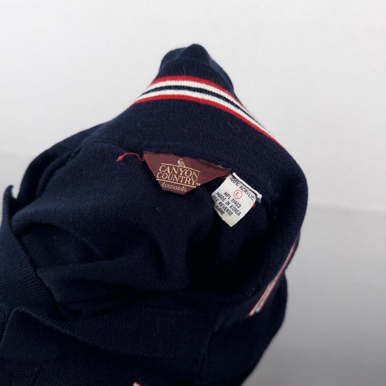 70’s Vtg Long Sleeve Knit Polo Sweater Ribbed Johnny Collar Navy Blue Men’s L