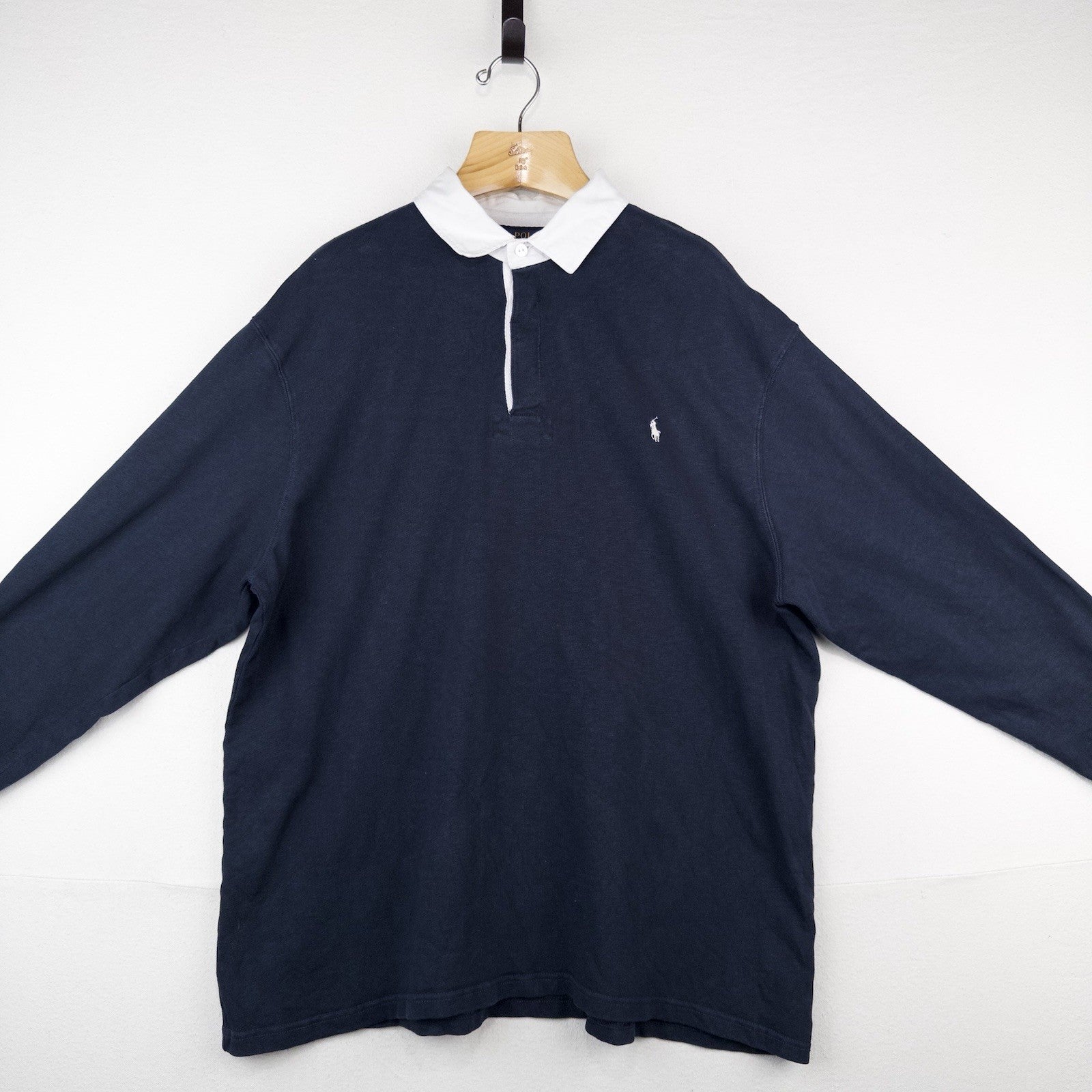 Polo Ralph Lauren Mens Long Sleeve Rugby Shirt Men’s 2XB Navy Blue White Collar