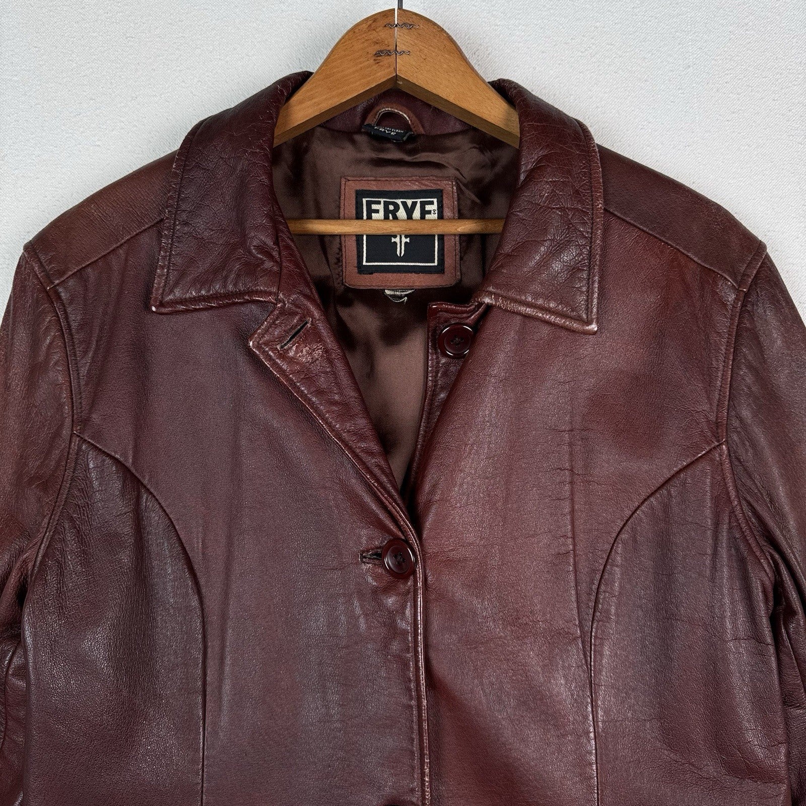 Vintage 90s Frye Leather Womens Large Jacket Coat Rust Brown Maroon Button Front