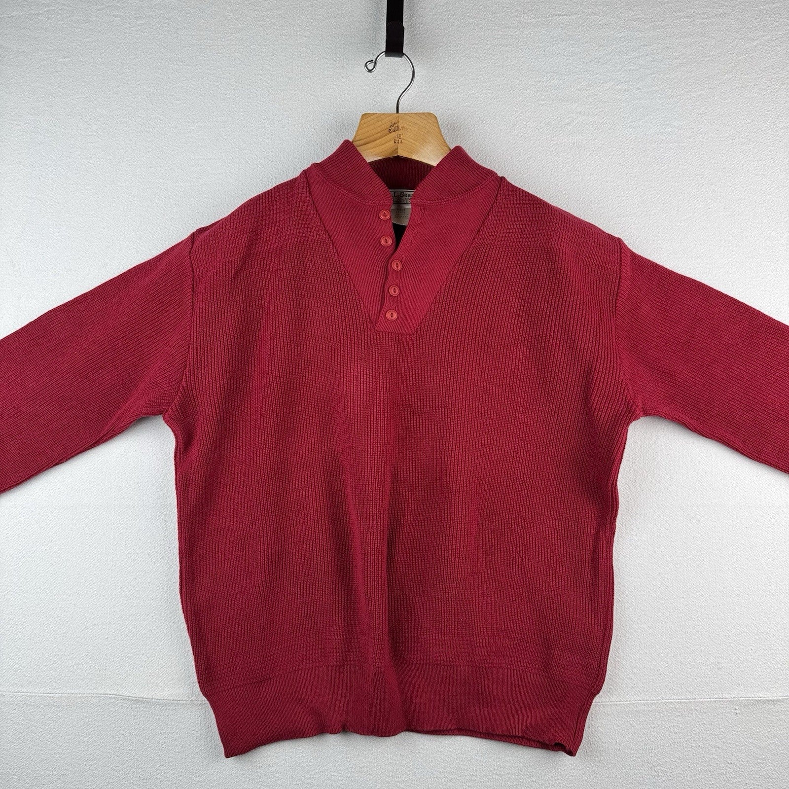 90s Vintage LL Bean Men's Large Red Henley Fisherman Sweater Made In USA