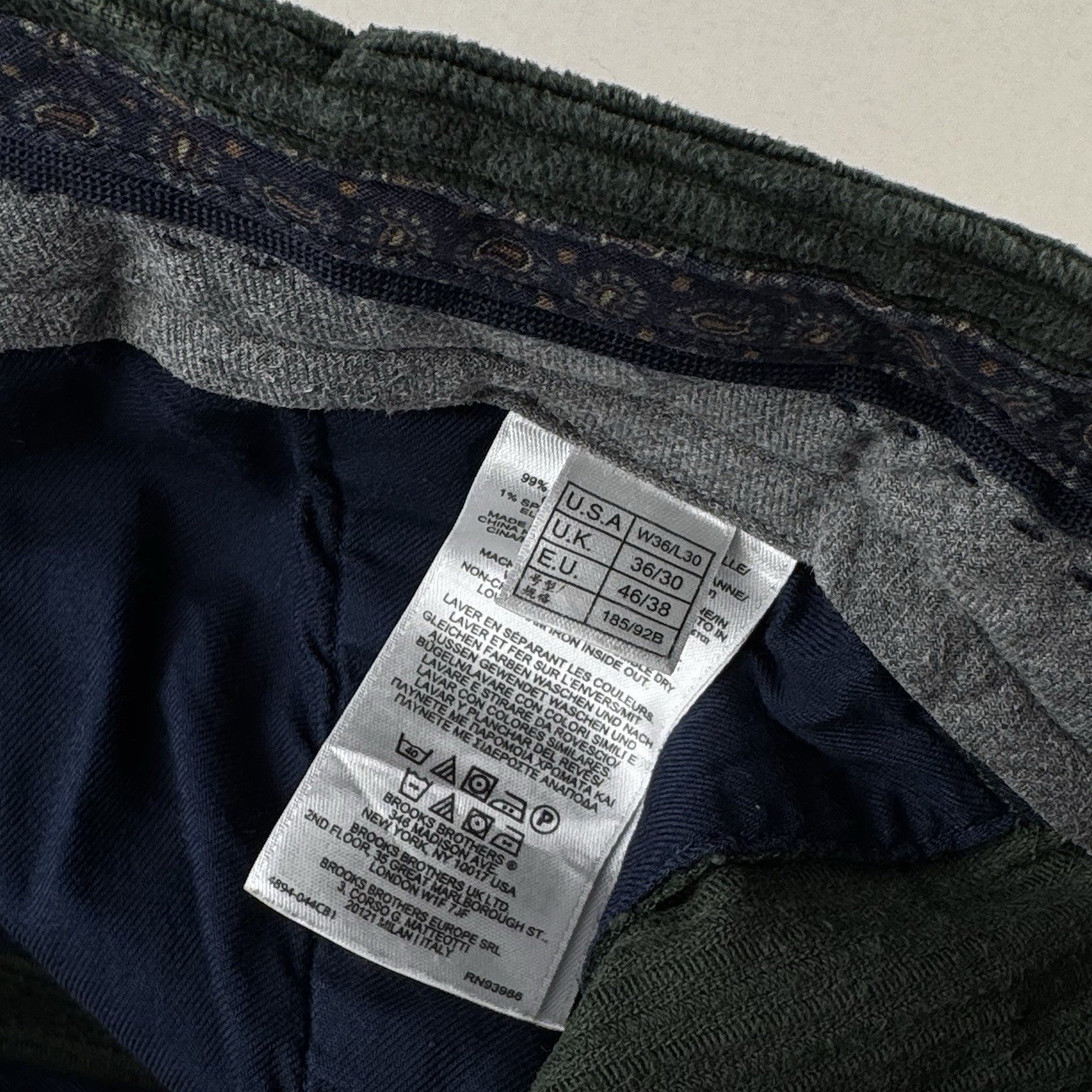 Brooks Brothers Clark Corduroy Green Pants Men’s Fits 36x27 Flat Front Stretch
