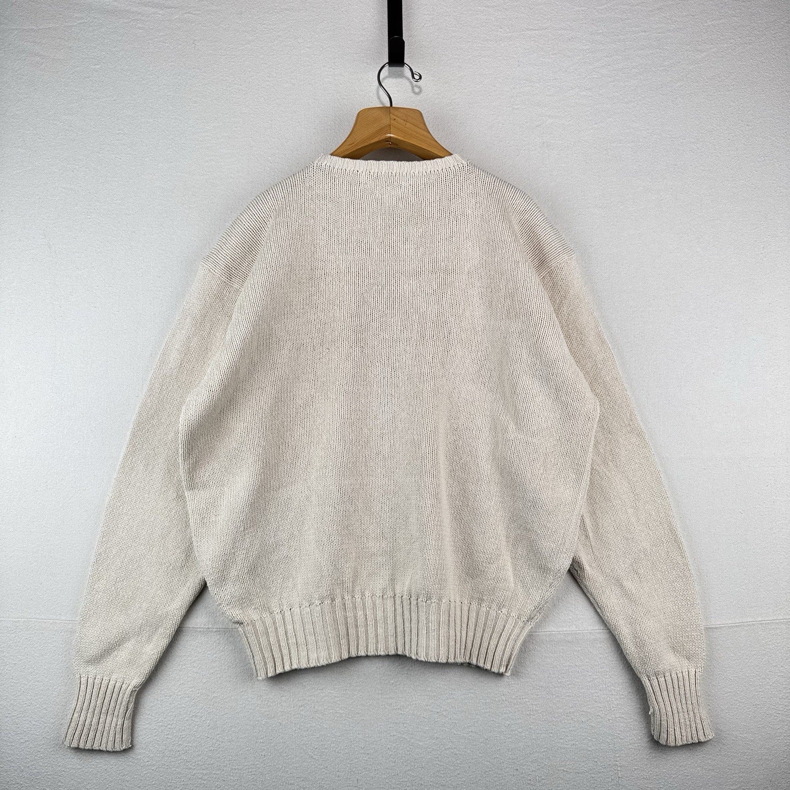 90s Vtg Polo Ralph Lauren Sweater Men's 2XL Cream 100% Cotton Crewneck Navy Pony