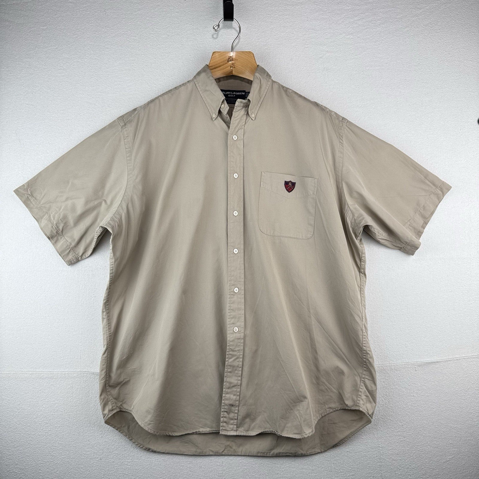 Vtg Ralph Lauren Golf Mens XL Tilden Beige Short Sleeve Button-Down Shirt *Read