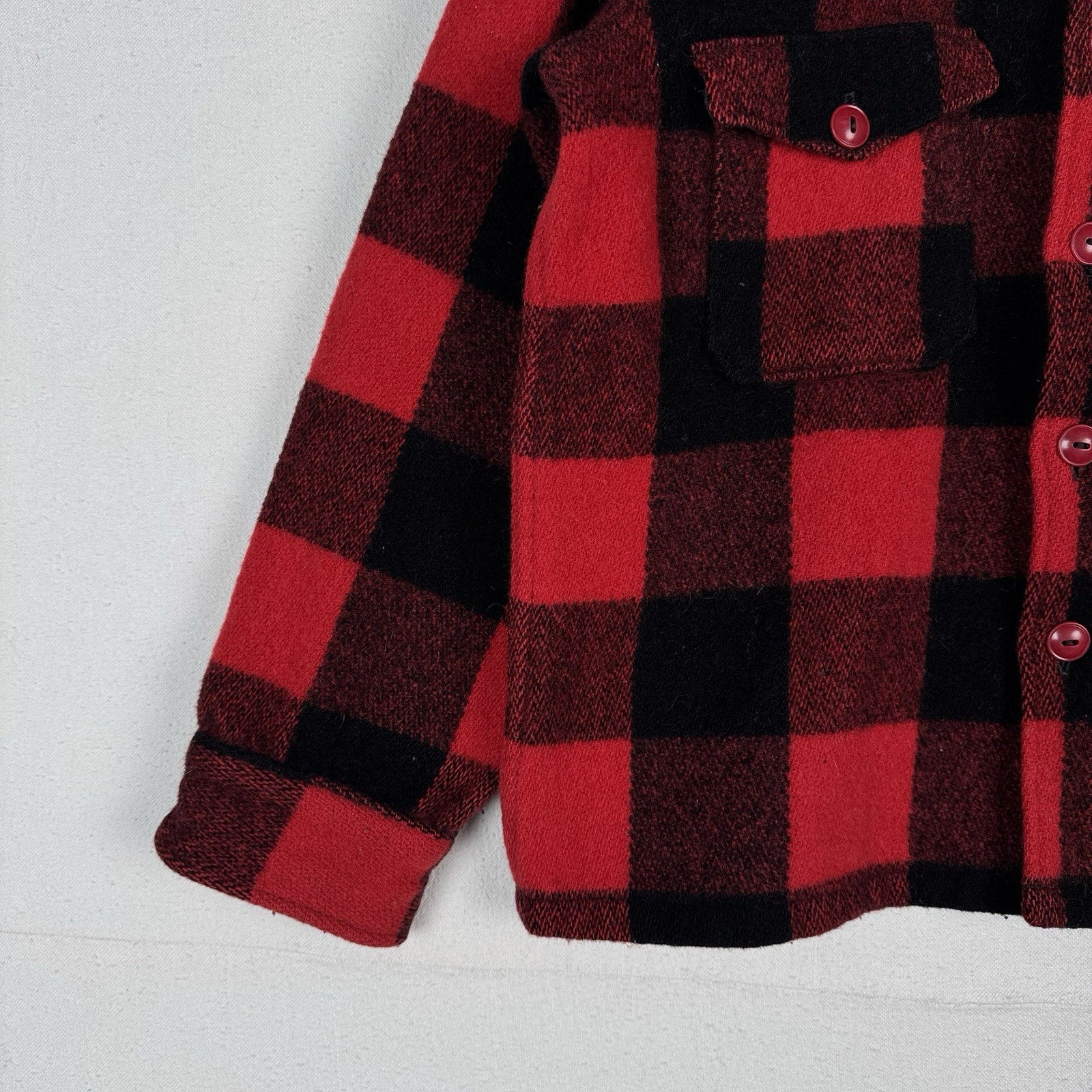 60s Vtg LL Bean Red Buffalo Plaid Mens L Wool Hunting Shirt Flannel Overshirt