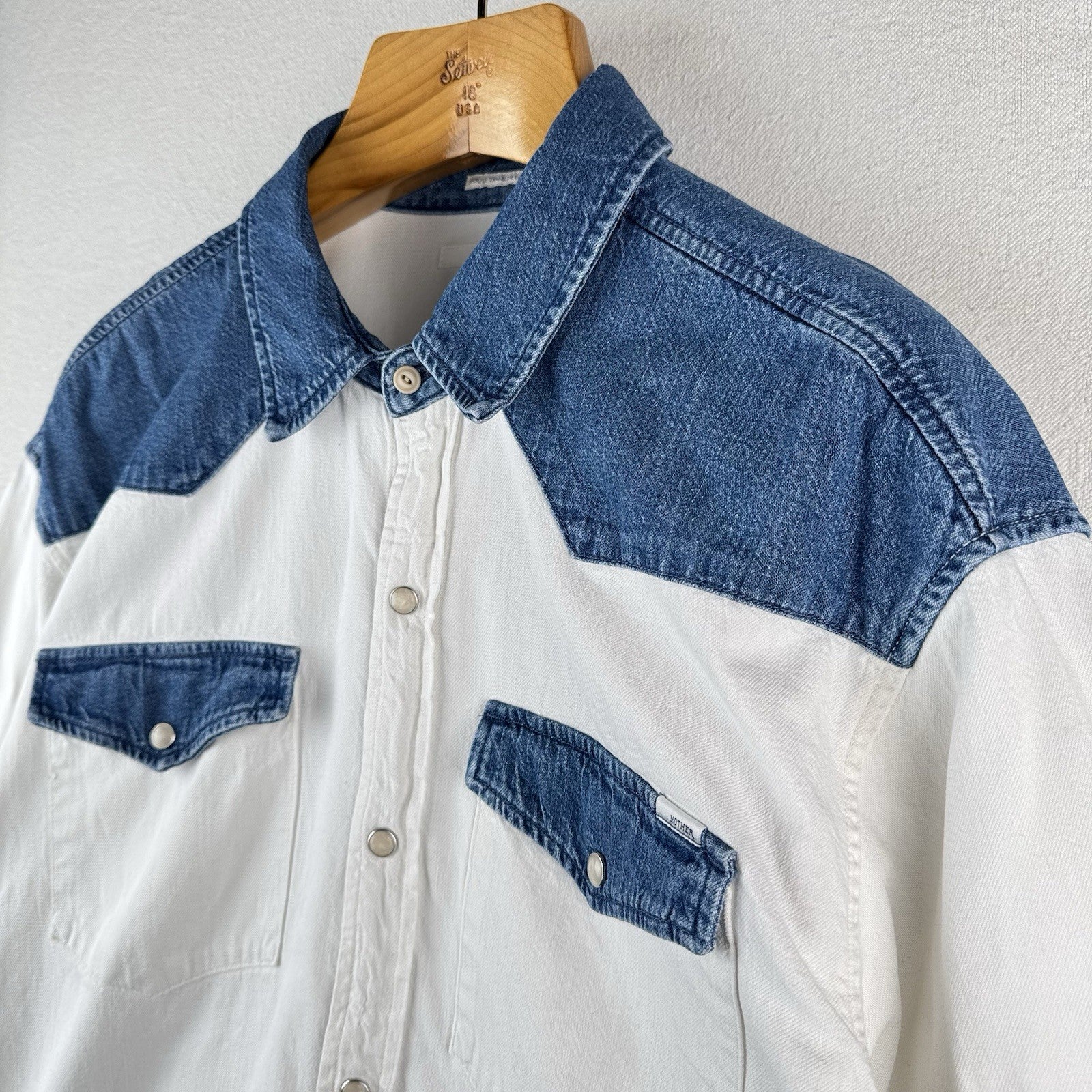 Mother Denim Tycoon TwoTone Western Shirt White Denim Pearl Snap Large USA *Read