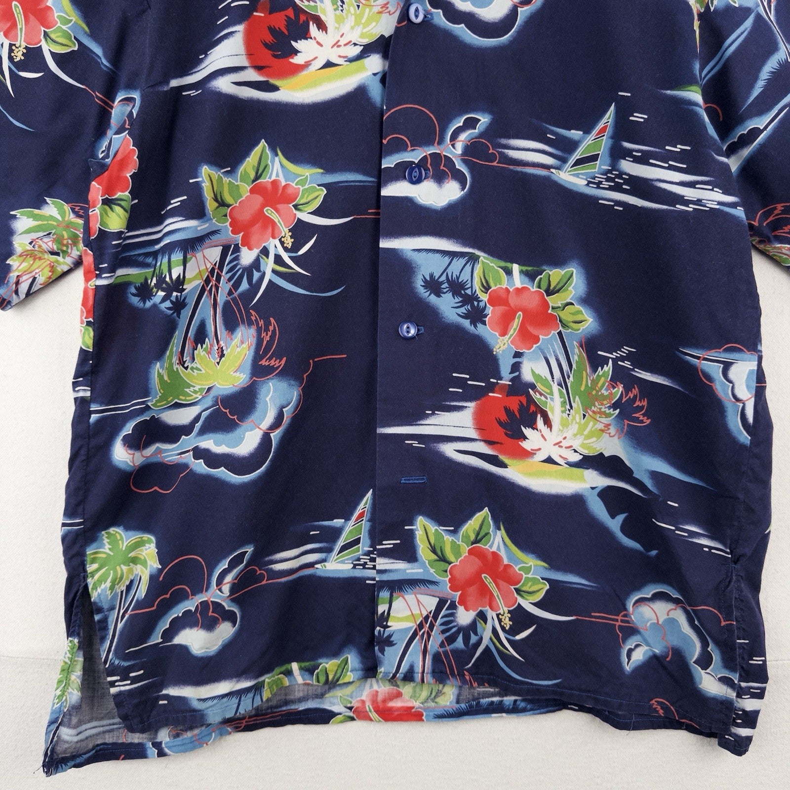Hawaiian Aloha Large Shirt  Palm Trees Hibiscus Clouds Ocean Sailboat Tropical L