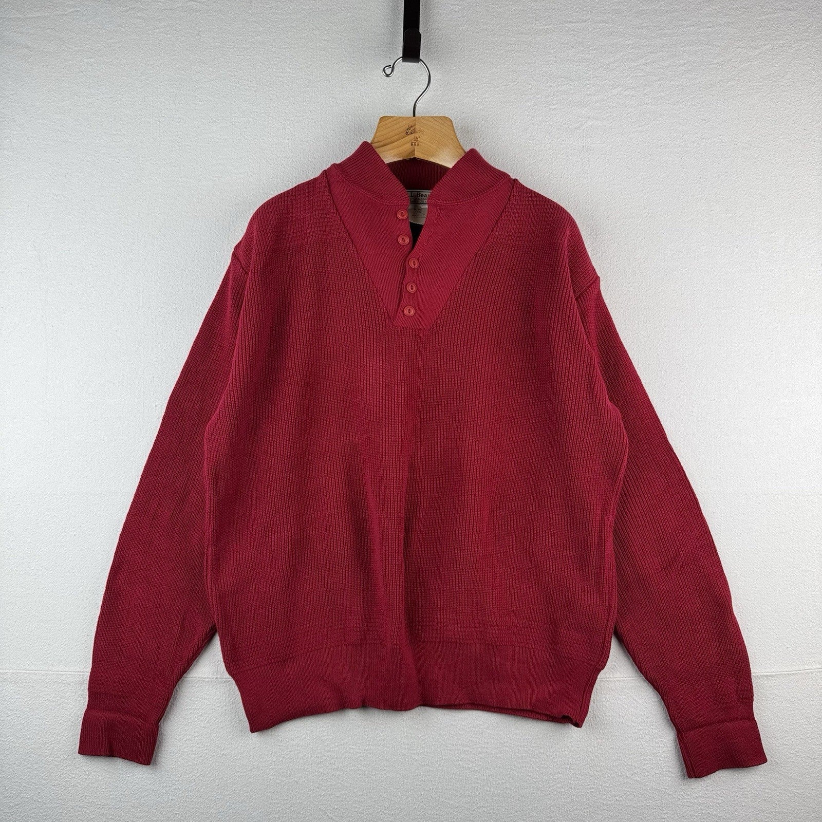 90s Vintage LL Bean Men's Large Red Henley Fisherman Sweater Made In USA