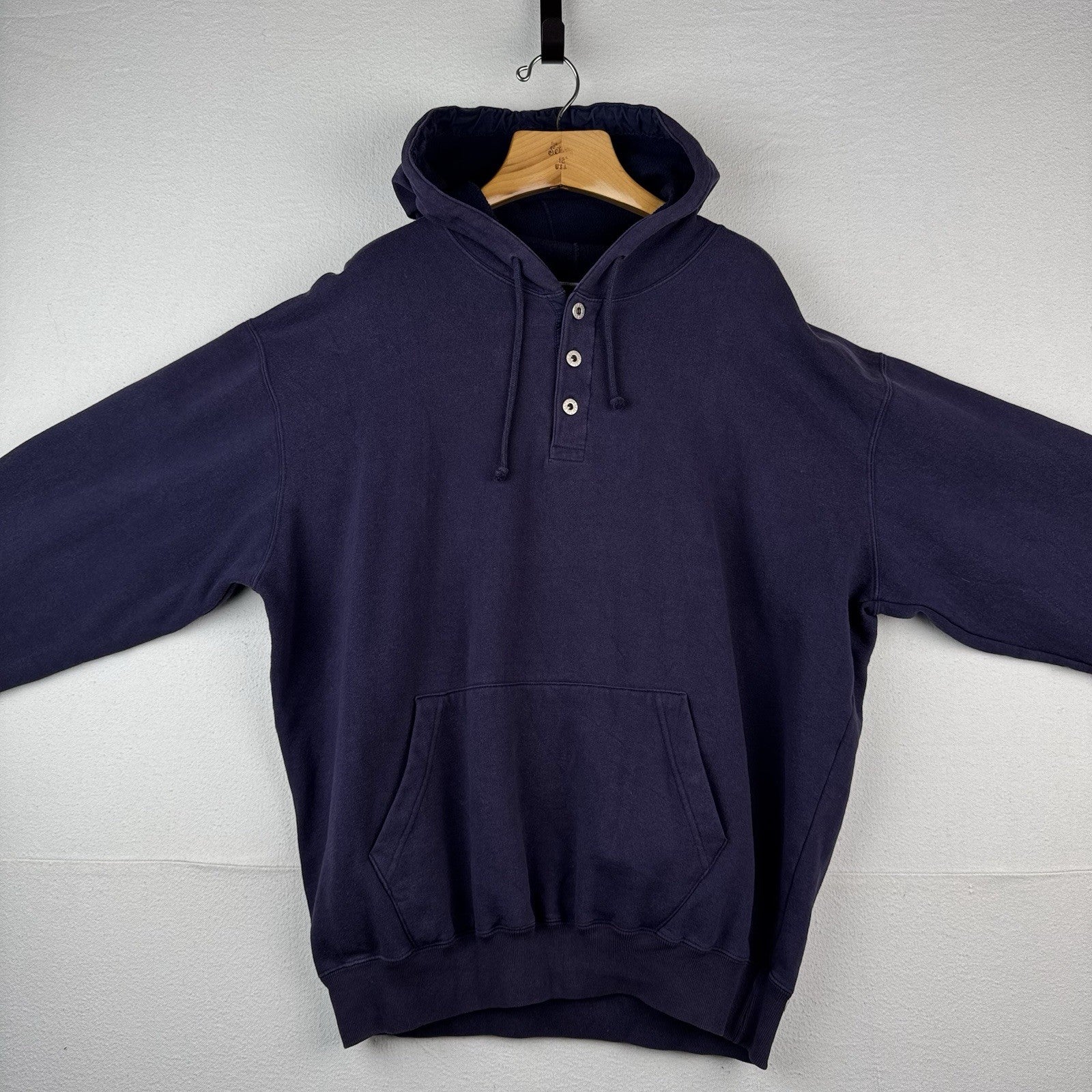 90’s Vtg GAP Athletic Hoodie Men Large Blue Button Drawstring Faded Distressed