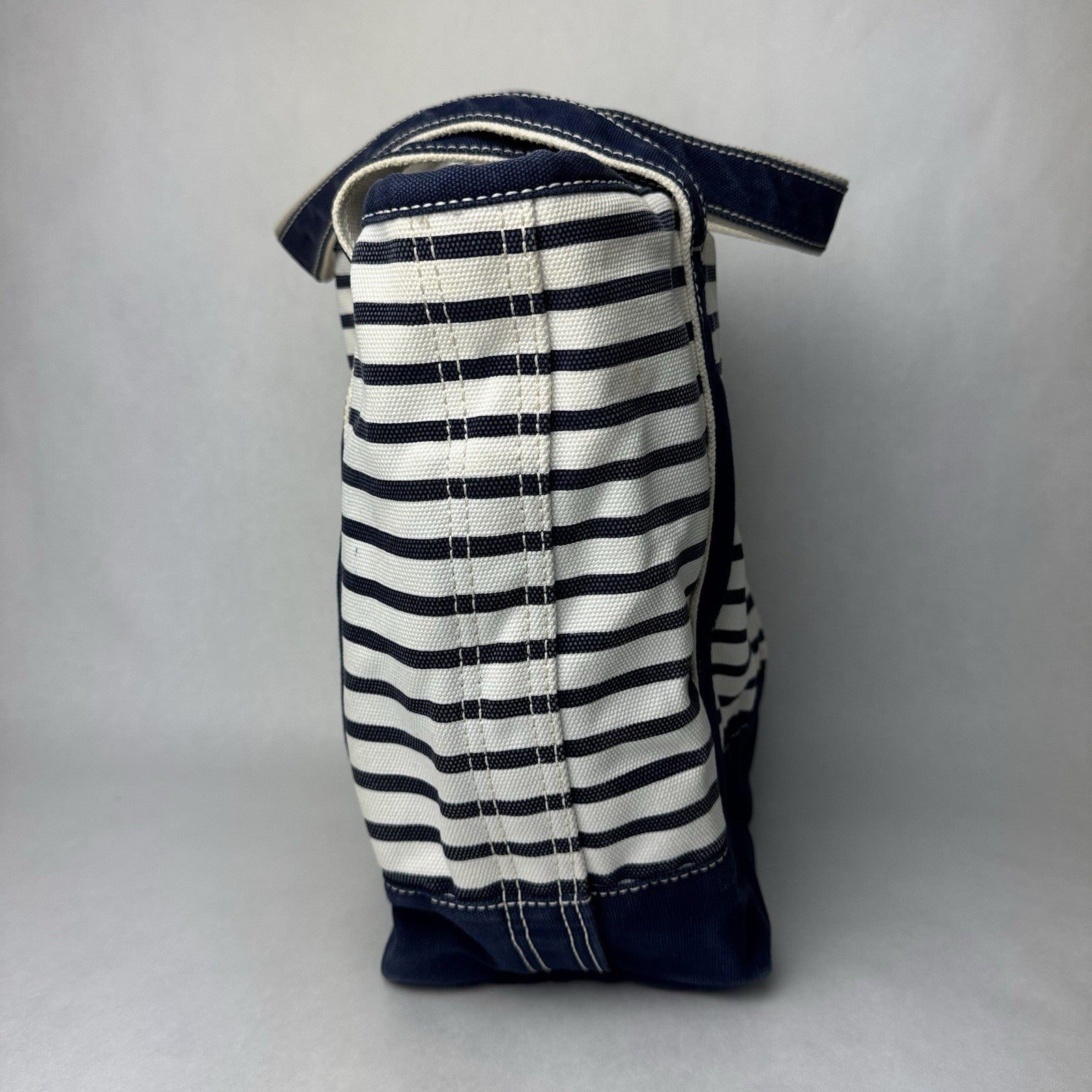 Lands’ End Canvas Large Blue and Natural Tan Striped Tote Beach Bag 15”x7”x12”