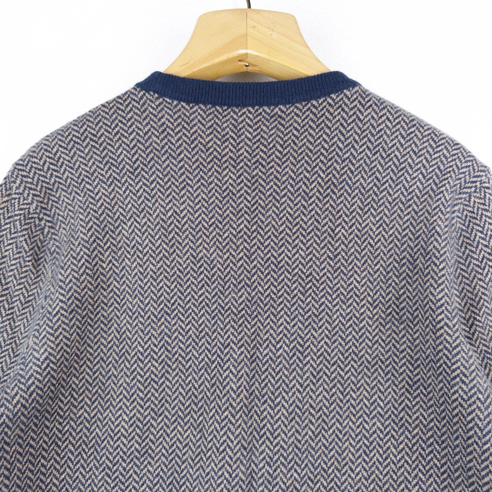 J.Crew 100% Cashmere Herringbone Jacquard Crewneck Sweater Men’s Large Blue Tan