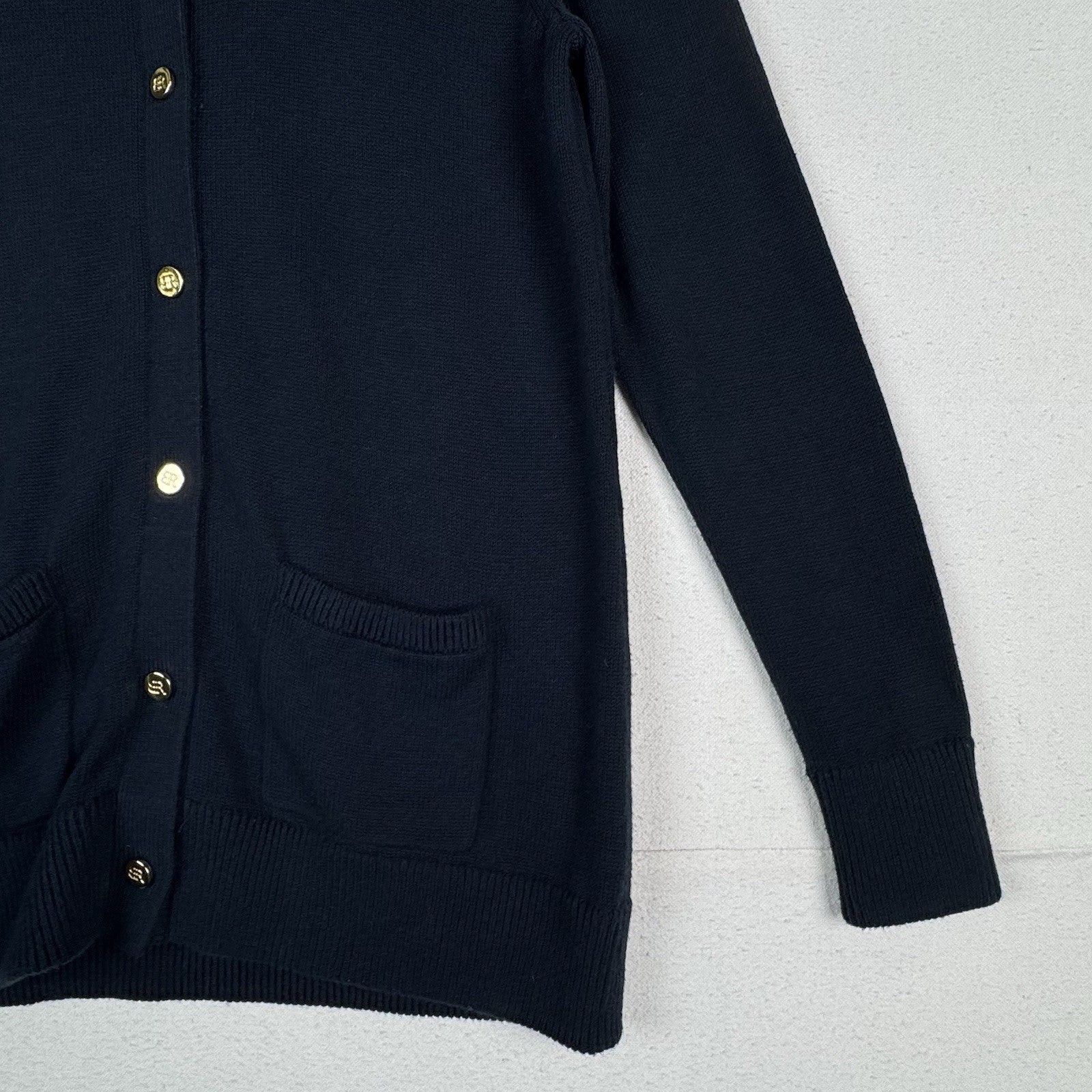 Banana Republic Women’s Size Medium Navy Gold 29” Cardigan Sweater Cotton/Angora