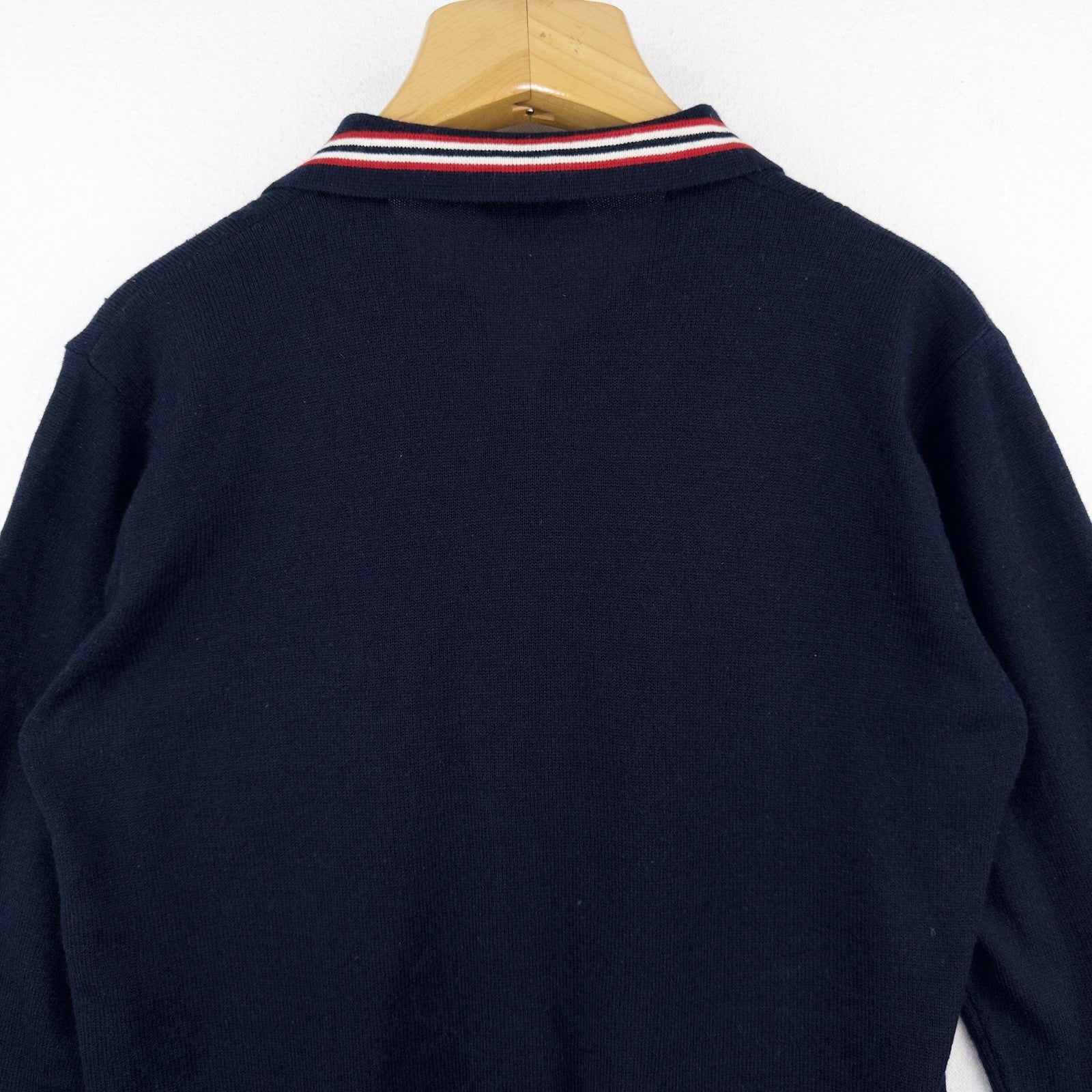 70’s Vtg Long Sleeve Knit Polo Sweater Ribbed Johnny Collar Navy Blue Men’s L